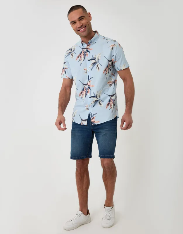 Tropical Leaf Print Cotton Short Sleeve Shirt in Light Blue made by Threadbare