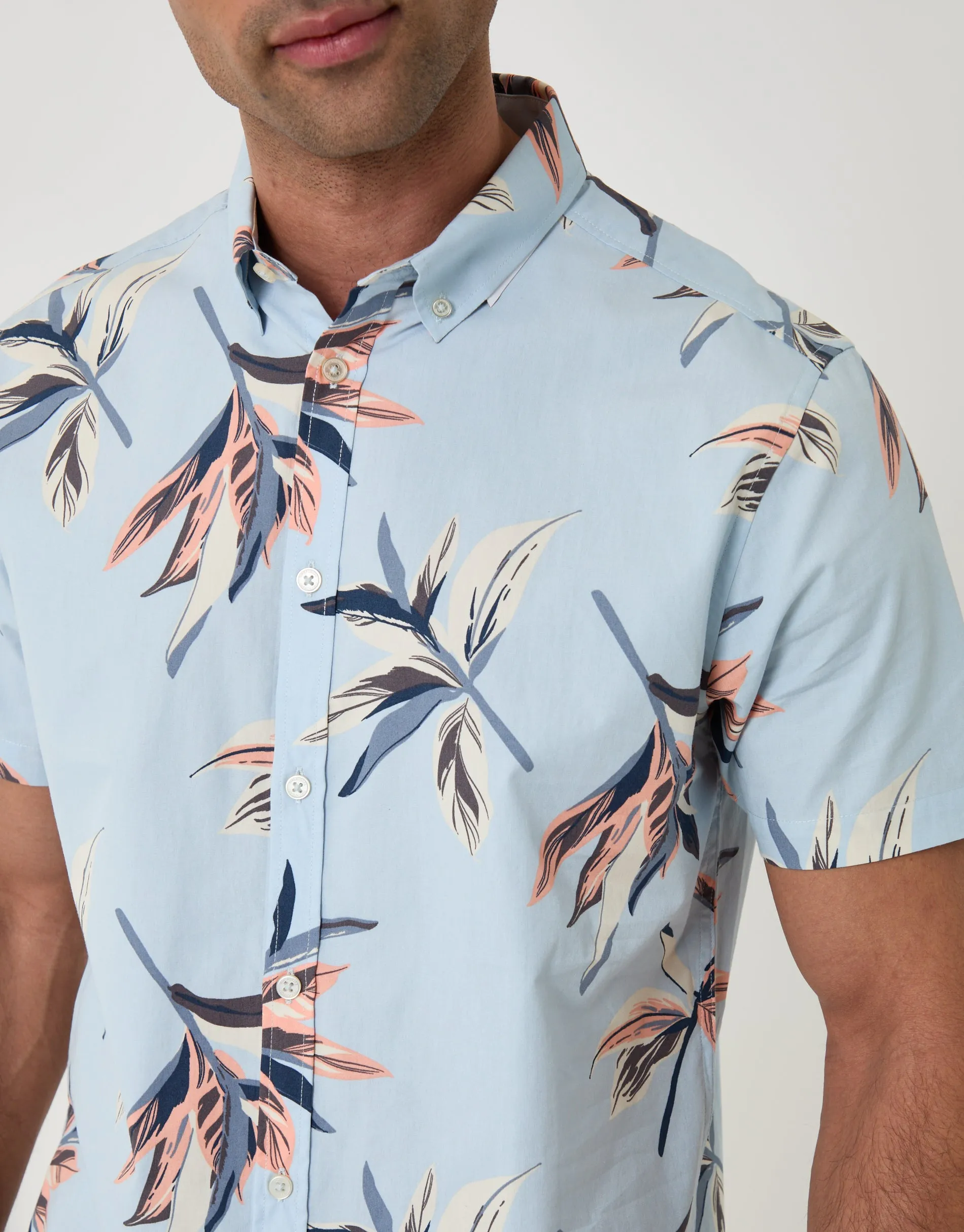 Tropical Leaf Print Cotton Short Sleeve Shirt in Light Blue sold by Threadbare product image thumbnail 4