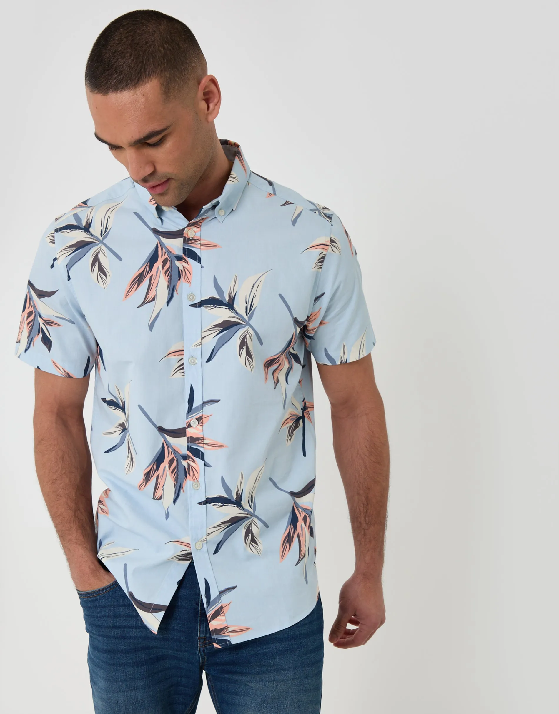 Tropical Leaf Print Cotton Short Sleeve Shirt in Light Blue sold by Threadbare product image thumbnail 2