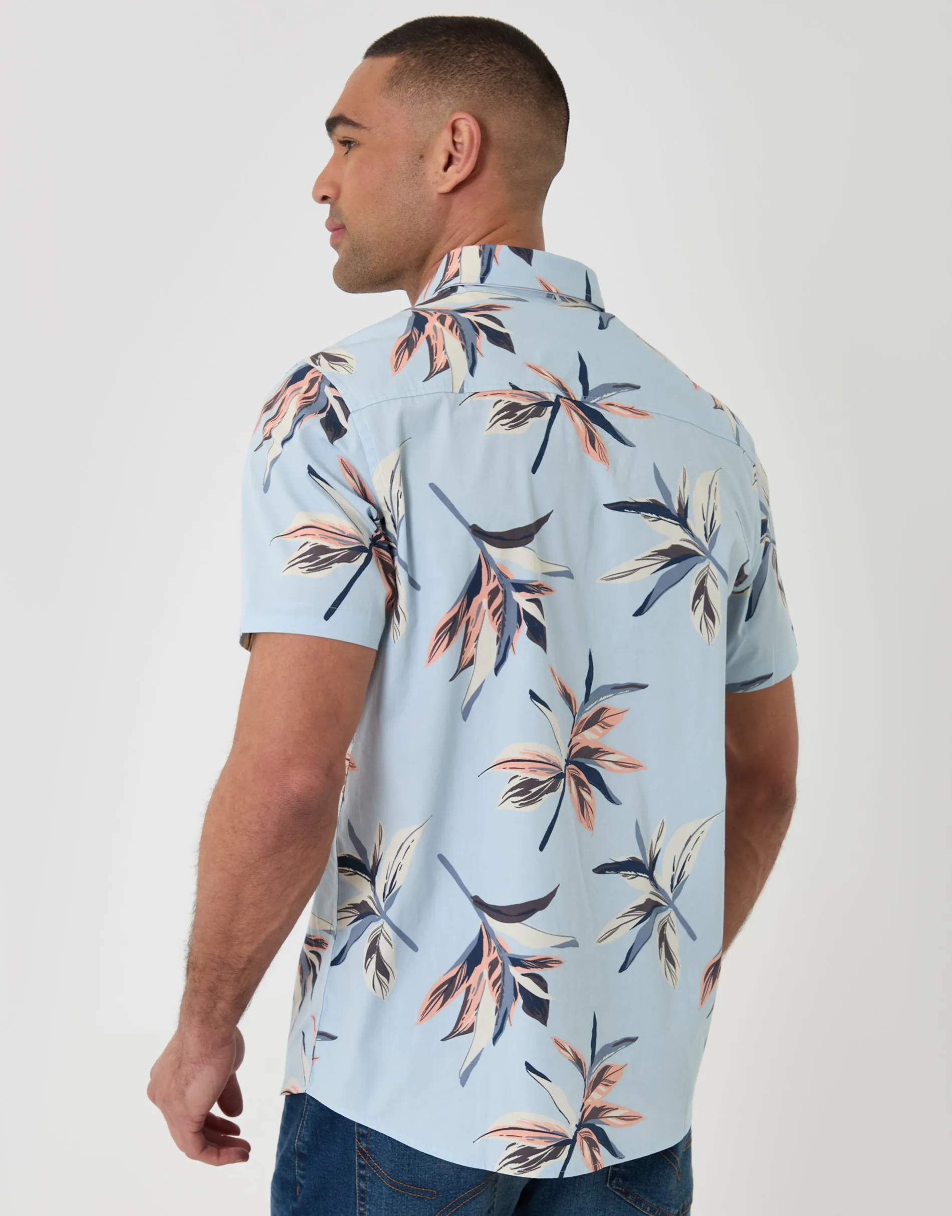 Tropical Leaf Print Cotton Short Sleeve Shirt in Light Blue sold by Threadbare product image thumbnail 3