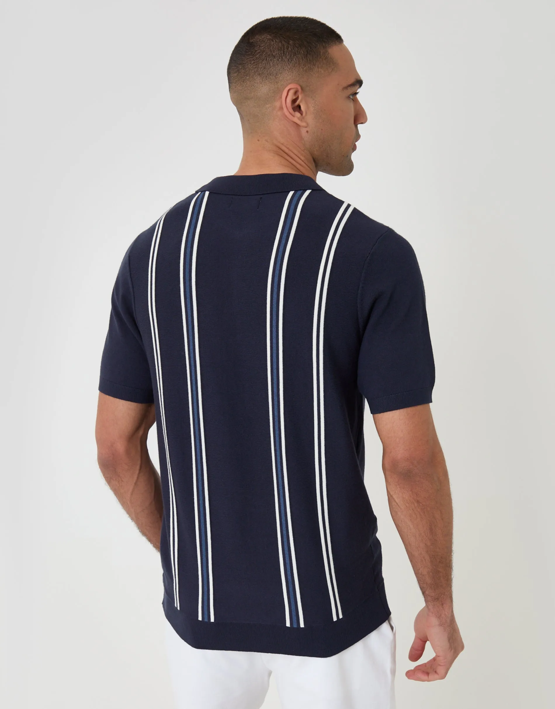 Quarter Zip Knitted Polo in Navy Stripe sold by Threadbare product image thumbnail 3