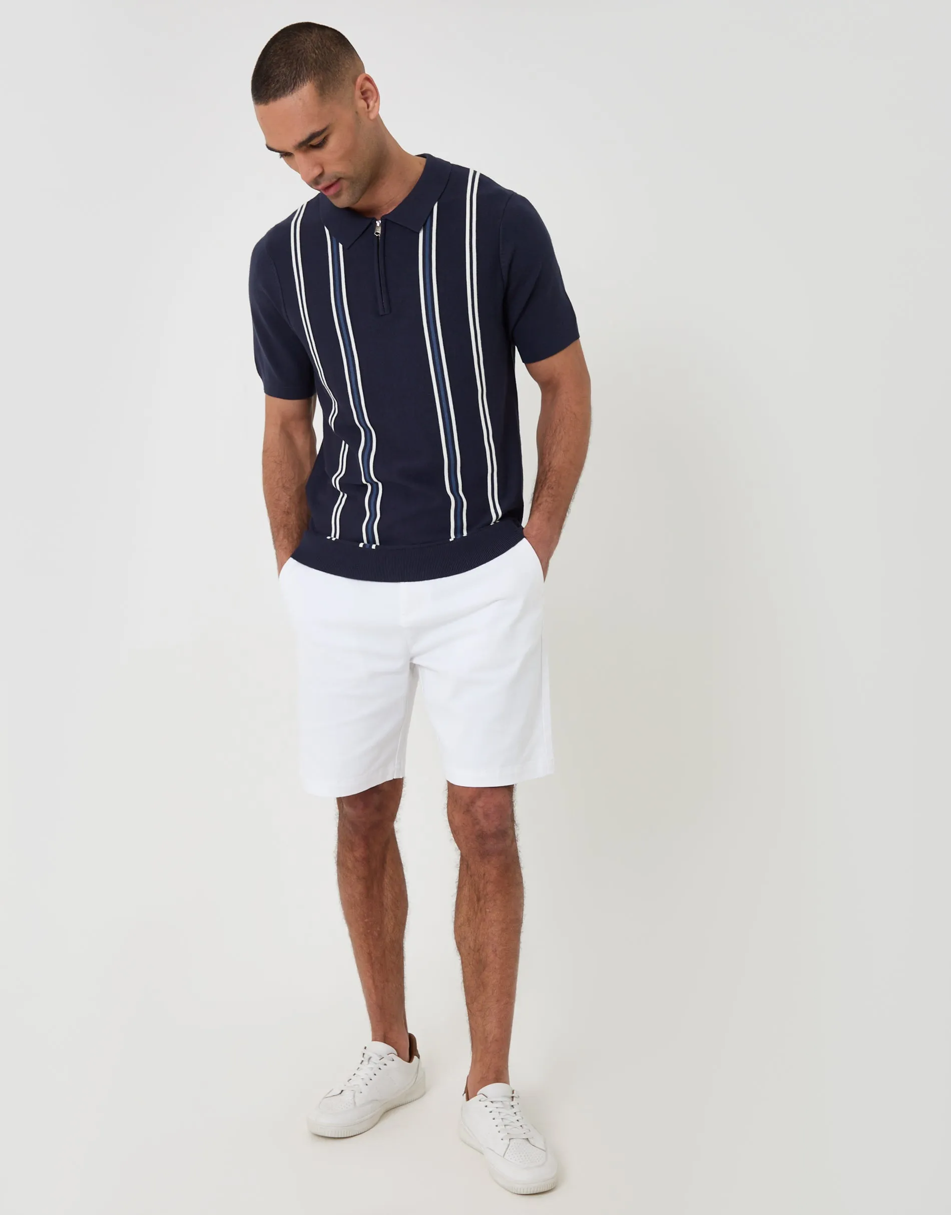 Quarter Zip Knitted Polo in Navy Stripe sold by Threadbare product image thumbnail 4