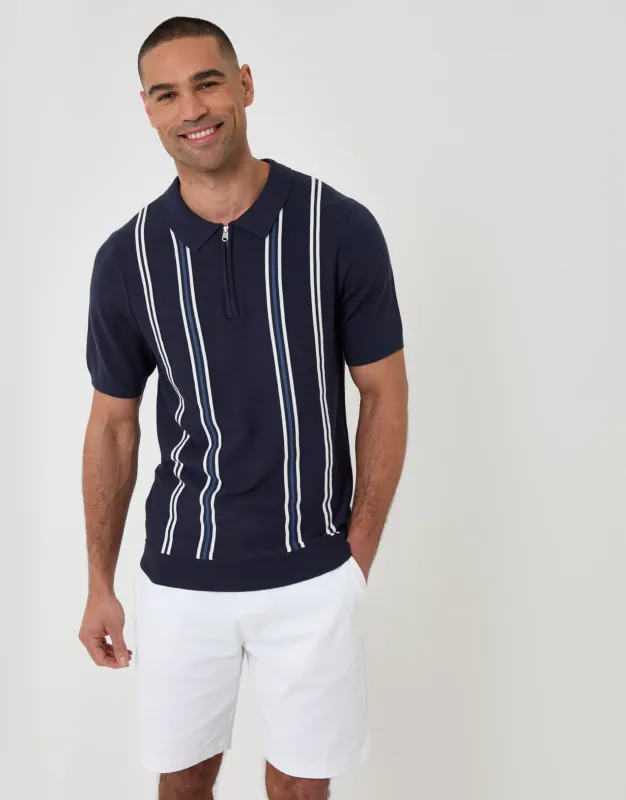 Navy Stripe Quarter Zip Knitted Polo made by Threadbare