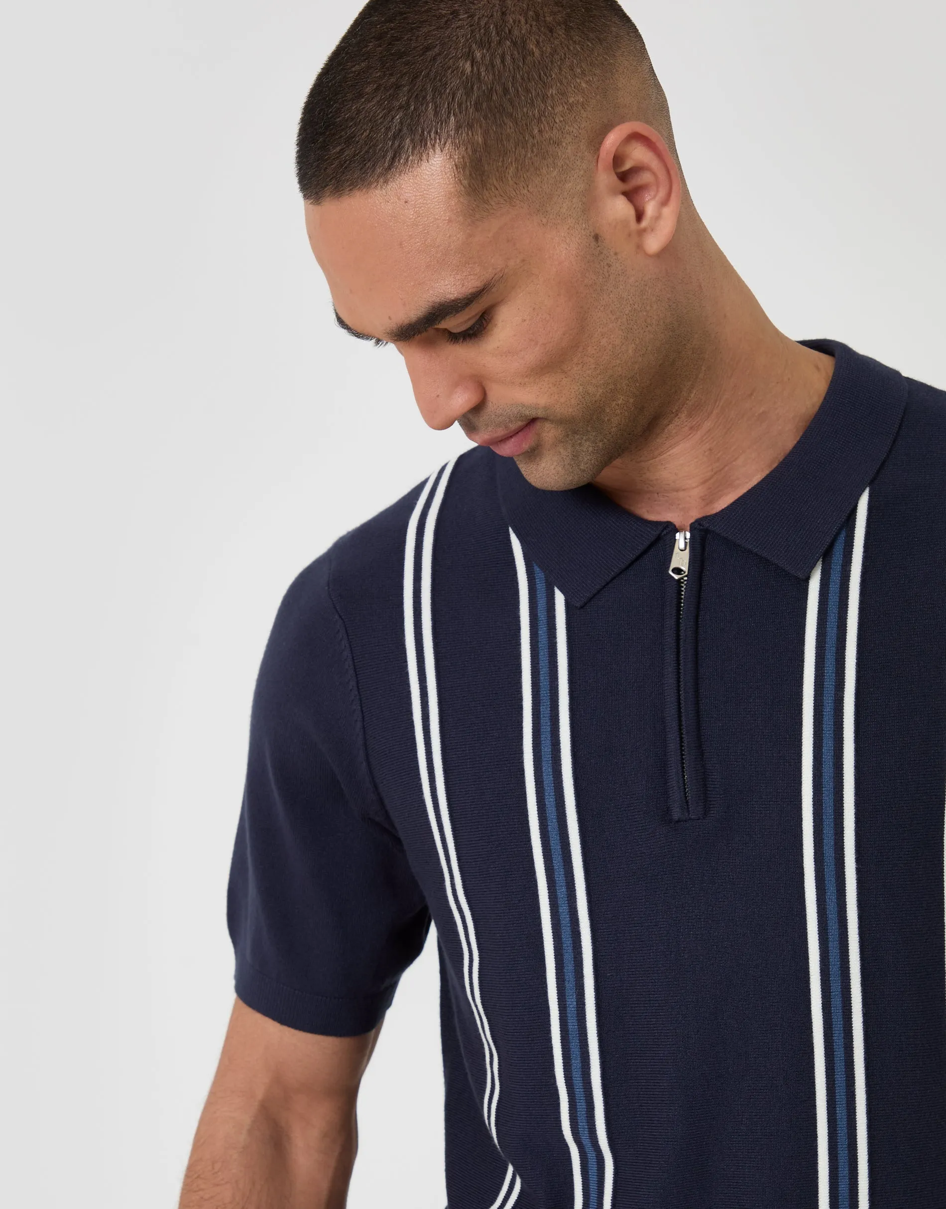 Quarter Zip Knitted Polo in Navy Stripe sold by Threadbare product image thumbnail 2