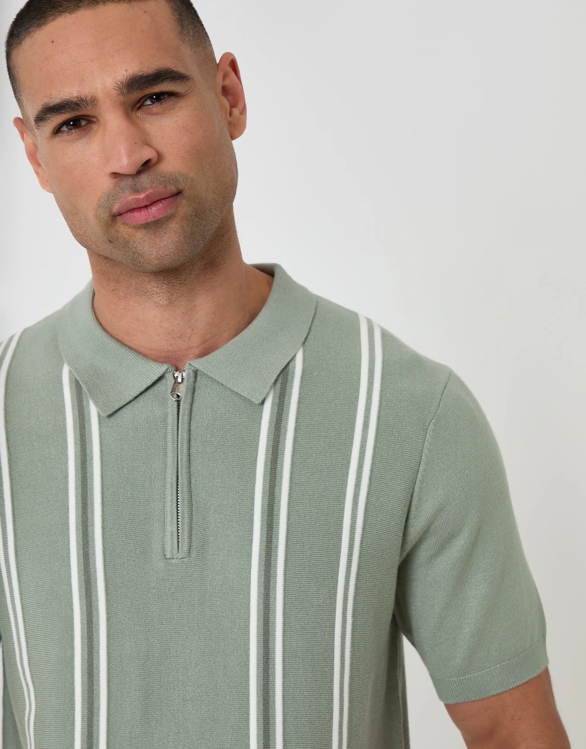 Sage Green Stripe Quarter Zip Knitted Polo sold by Threadbare product image thumbnail 4