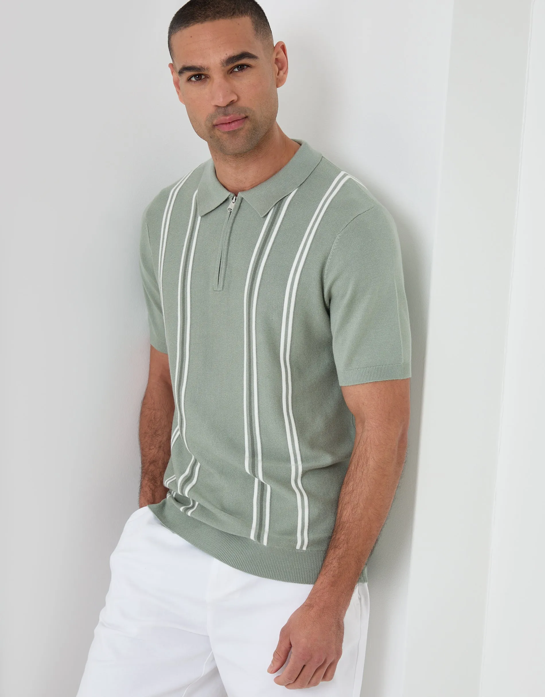 Sage Green Stripe Quarter Zip Knitted Polo sold by Threadbare product image thumbnail 2