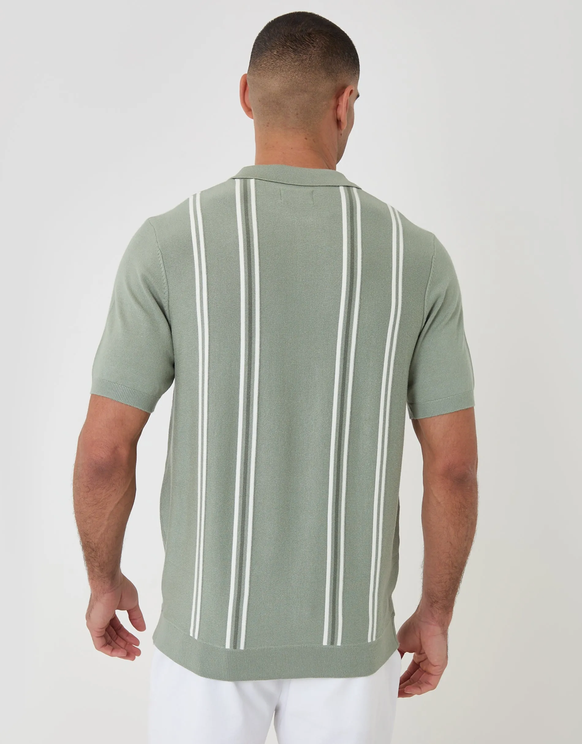 Sage Green Stripe Quarter Zip Knitted Polo sold by Threadbare product image thumbnail 3