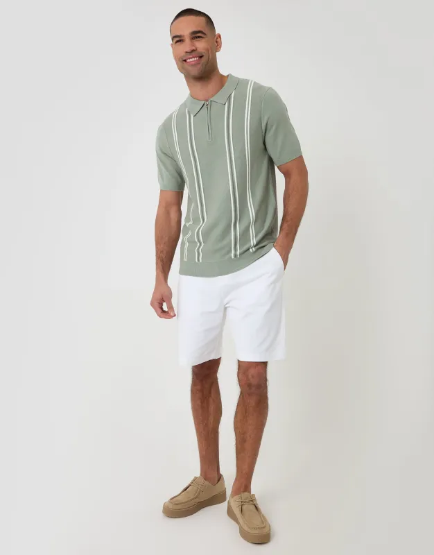 Sage Green Stripe Quarter Zip Knitted Polo made by Threadbare