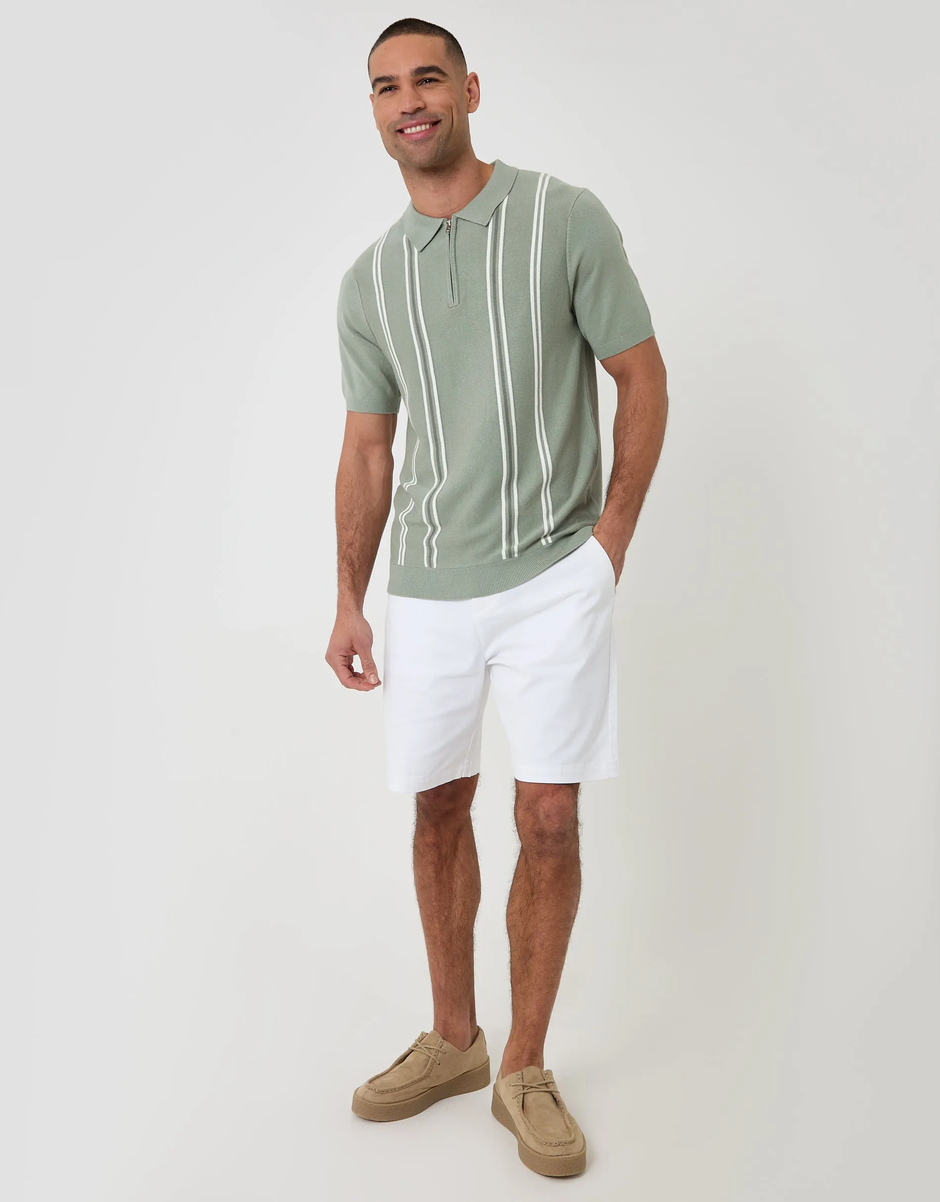 Sage Green Stripe Quarter Zip Knitted Polo sold by Threadbare