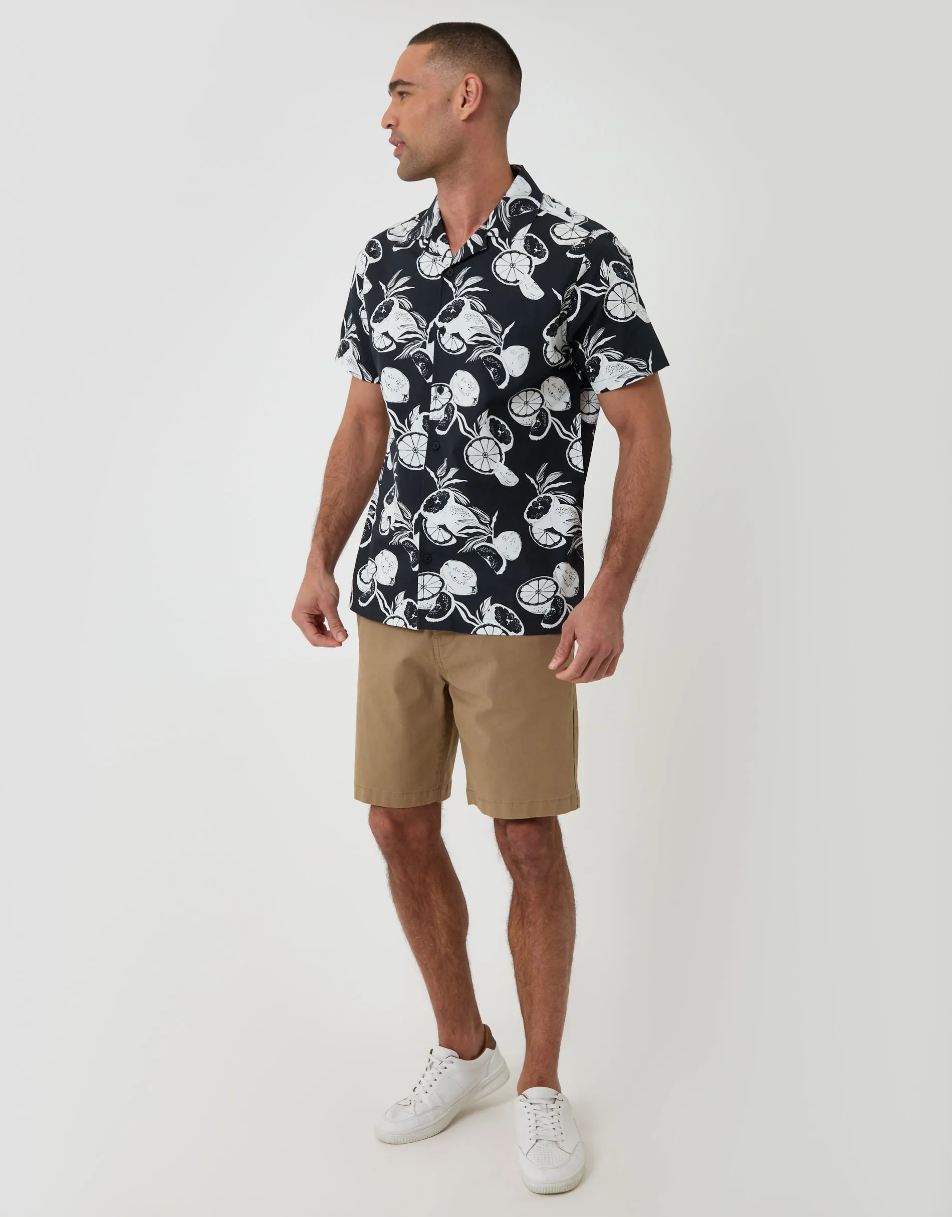Citrus Print Cotton Poplin Short Sleeve Shirt in Black sold by Threadbare