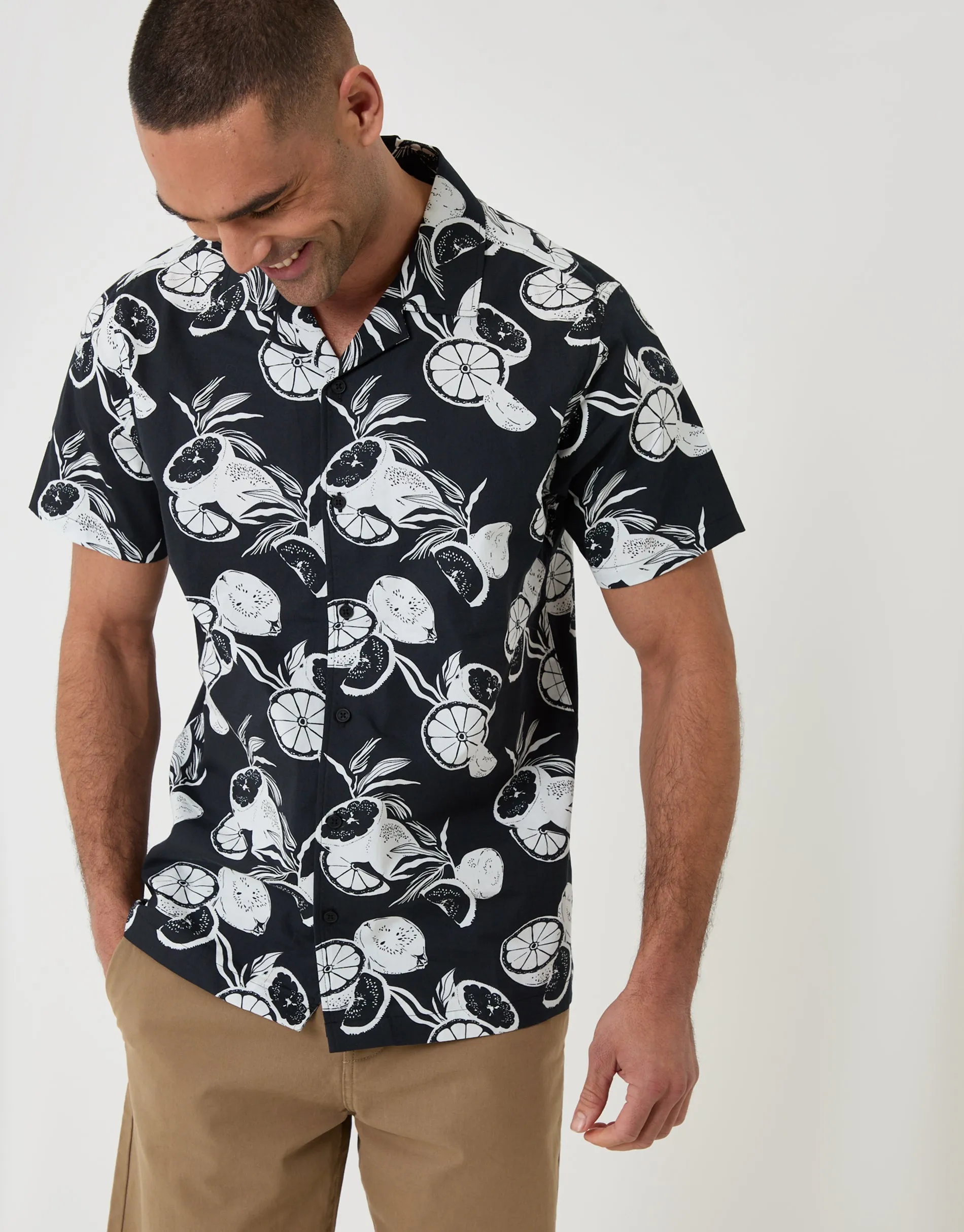 Citrus Print Cotton Poplin Short Sleeve Shirt in Black sold by Threadbare product image thumbnail 2