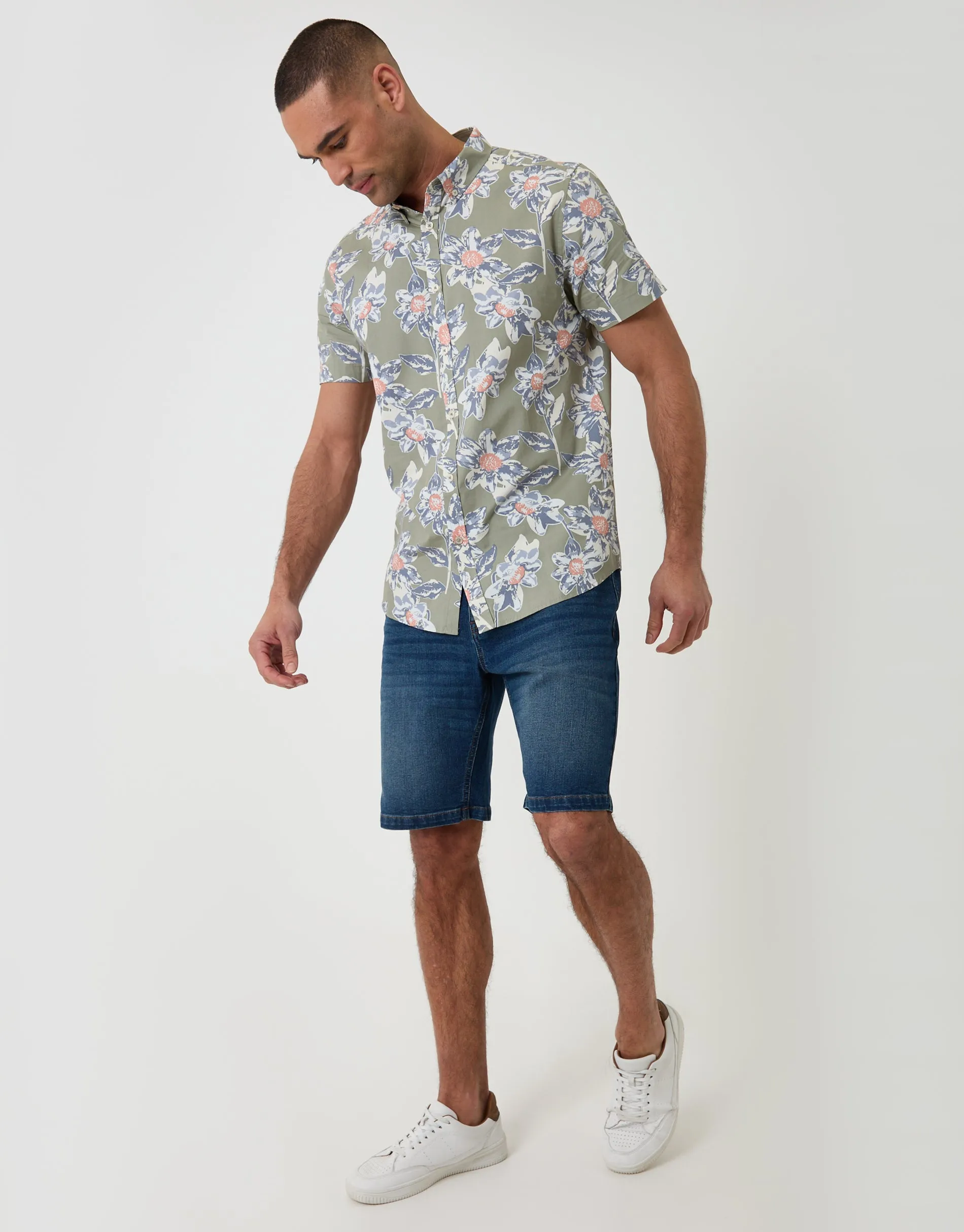 Floral Print Short Sleeve Shirt in Sage Green sold by Threadbare