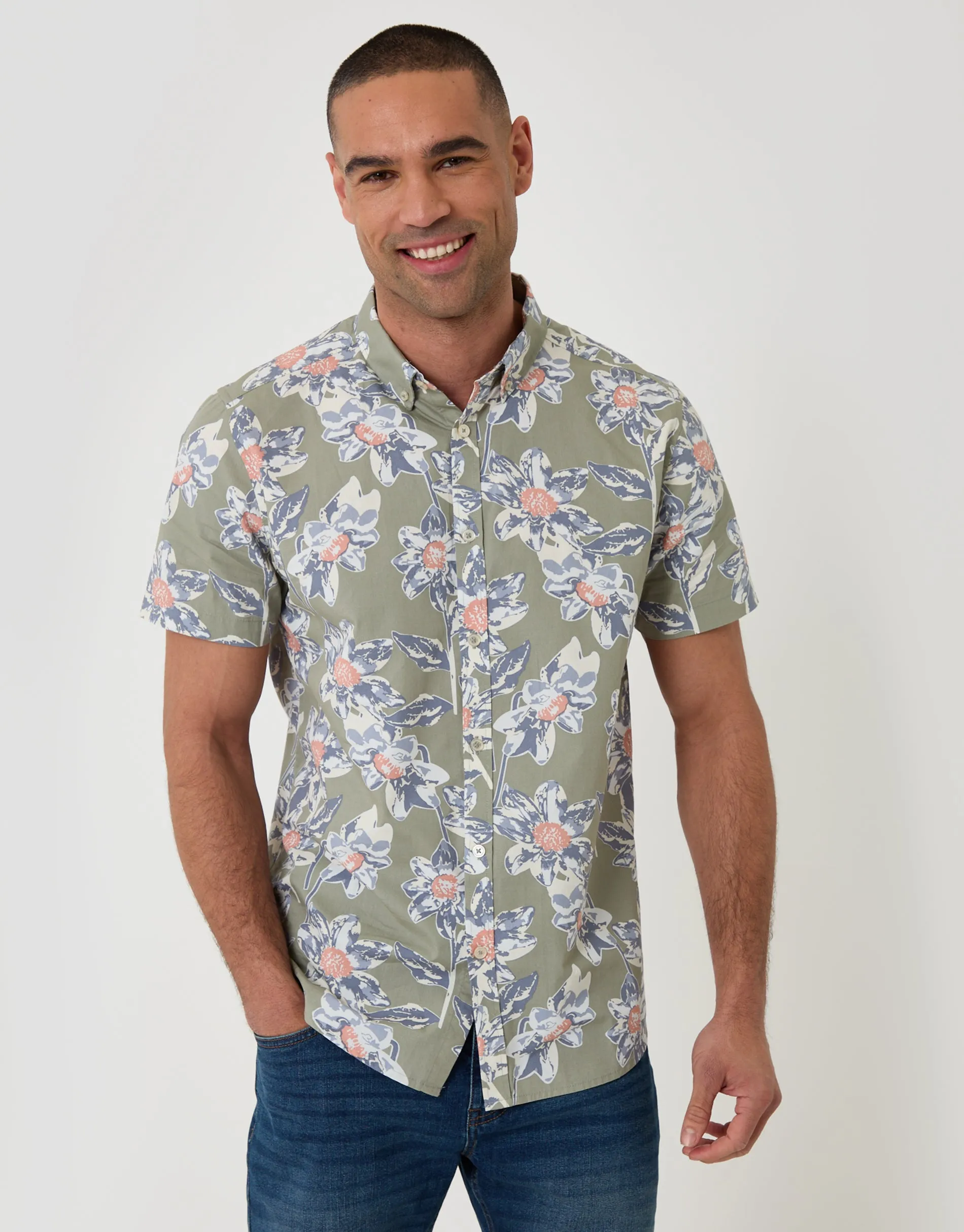 Floral Print Short Sleeve Shirt in Sage Green sold by Threadbare product image thumbnail 2