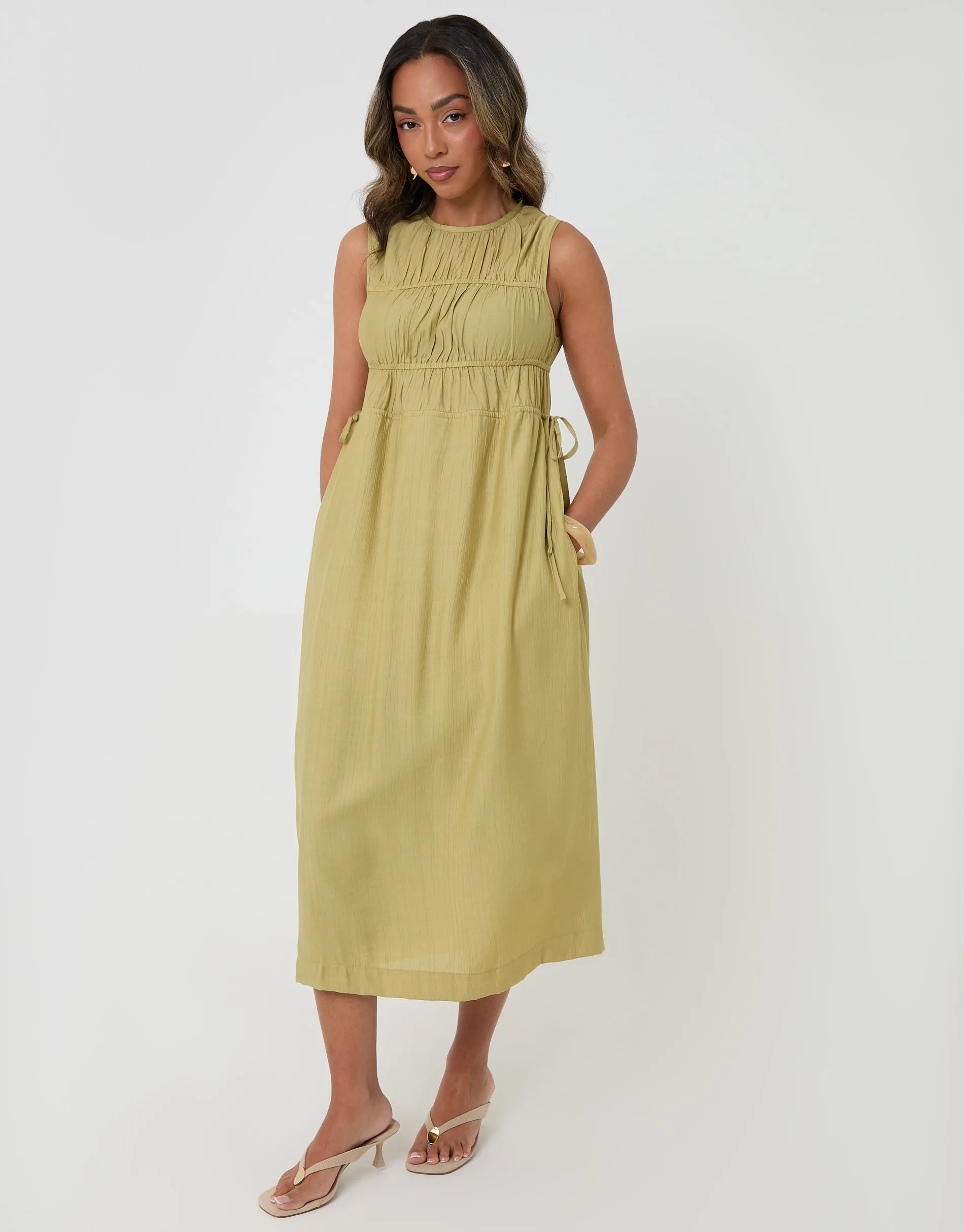 Ruched Drawstring Midi Dress in Chartreuse sold by Threadbare product image thumbnail 4