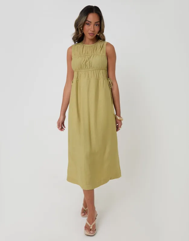 Ruched Drawstring Midi Dress in Chartreuse made by Threadbare