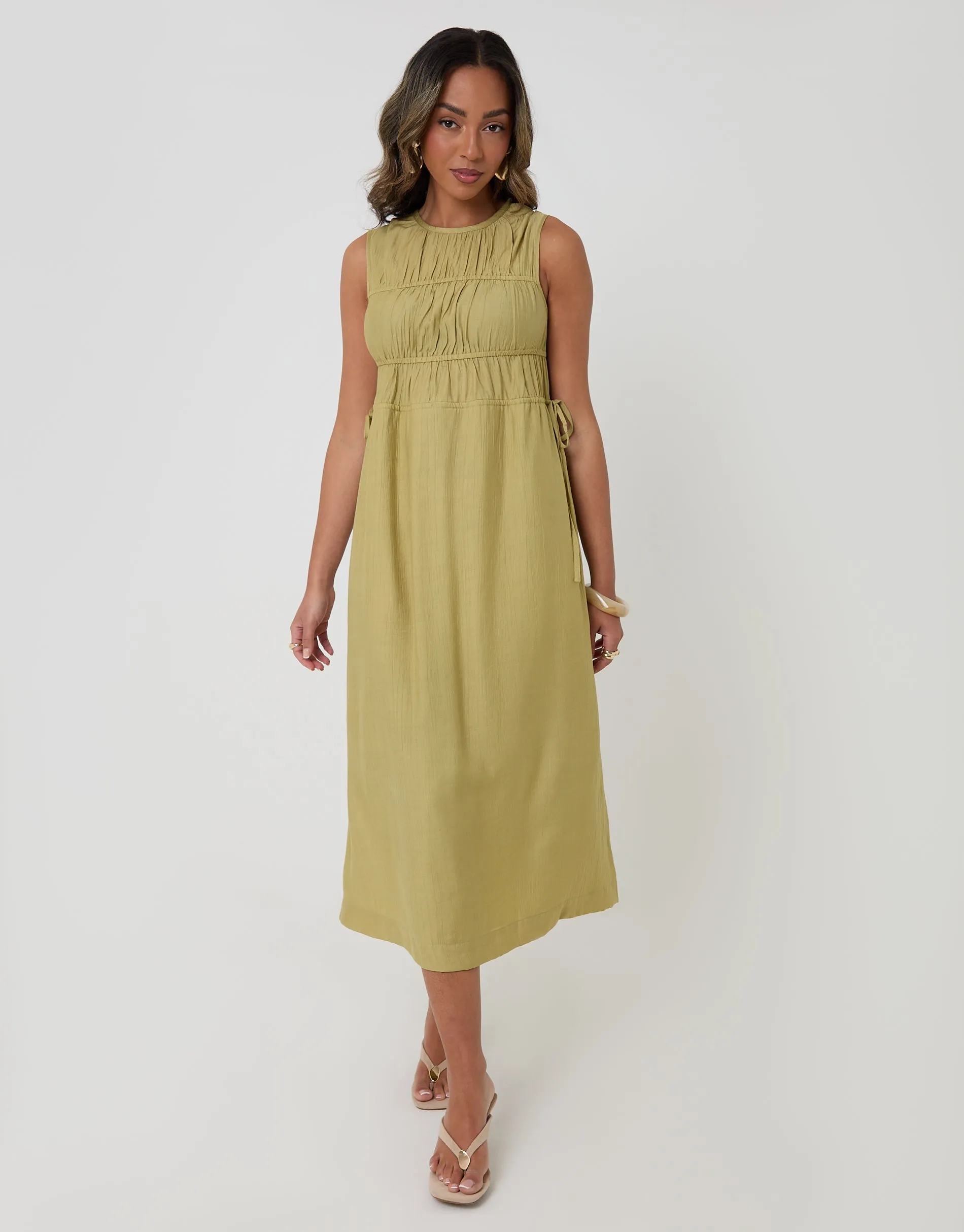 Ruched Drawstring Midi Dress in Chartreuse sold by Threadbare
