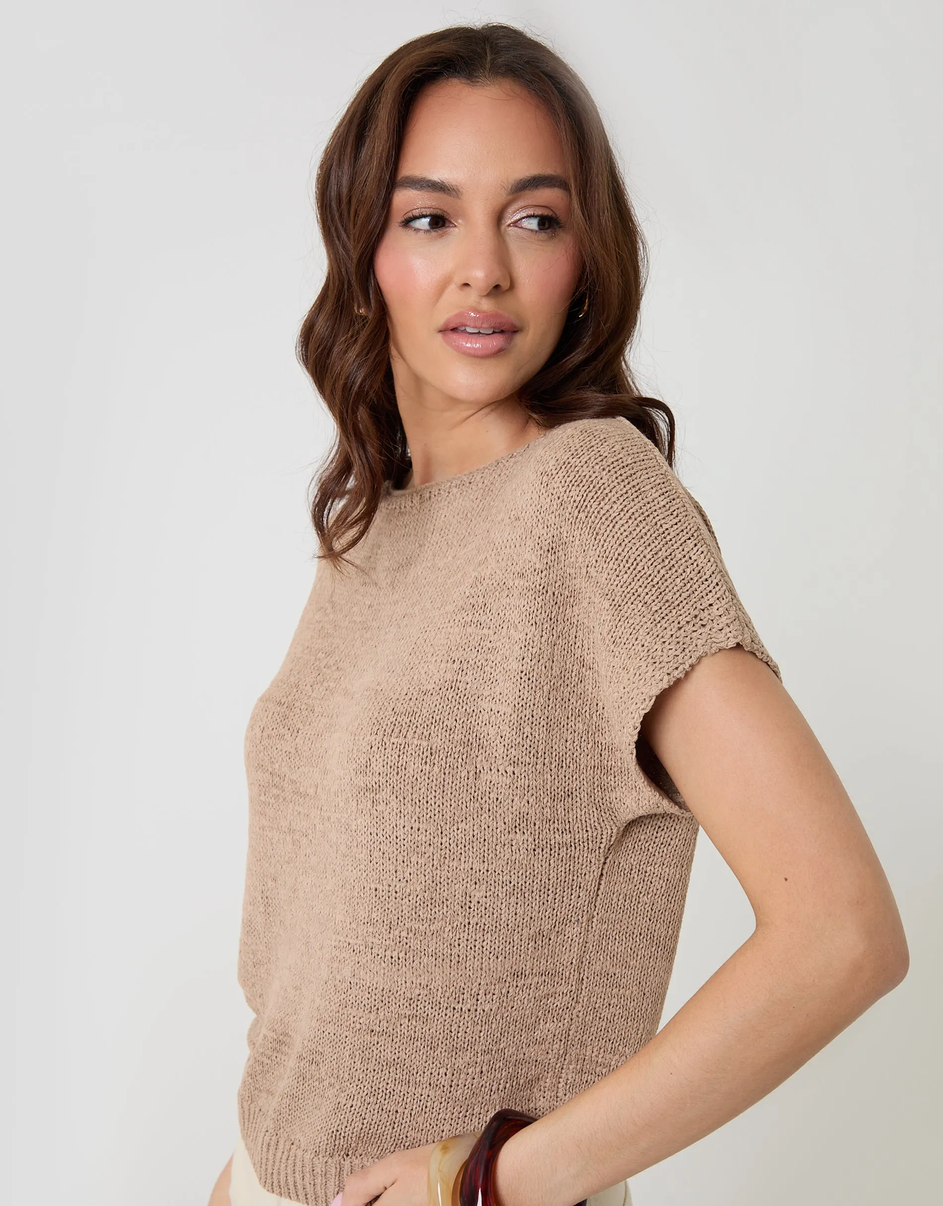Slash Neck Short Sleeve Jumper in Taupe sold by Threadbare product image thumbnail 4