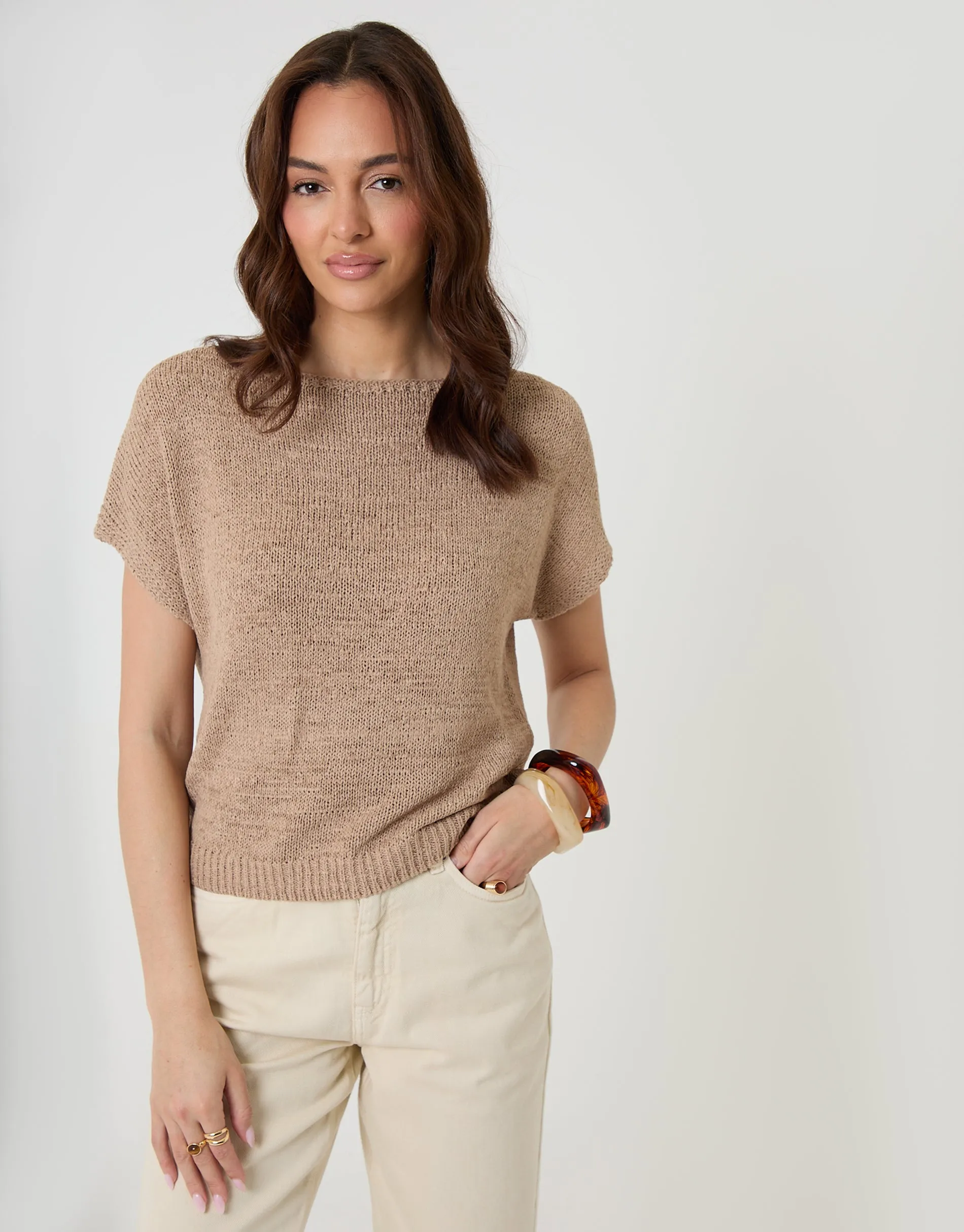 Slash Neck Short Sleeve Jumper in Taupe sold by Threadbare product image thumbnail 3
