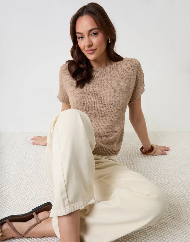 Slash Neck Short Sleeve Jumper in Taupe made by Threadbare