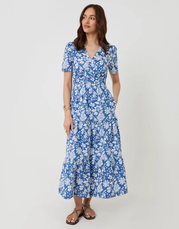 Cotton Tiered Midaxi Dress in Blue Floral made by Threadbare