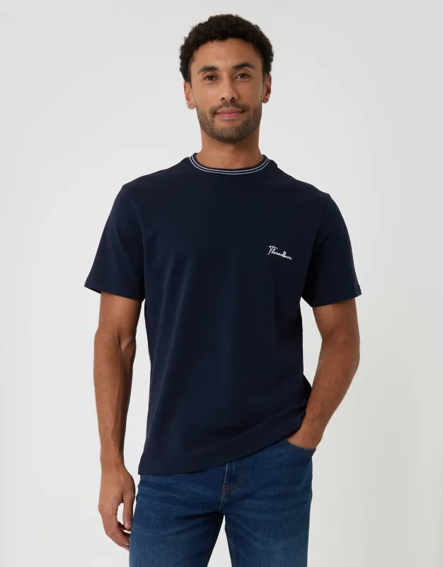 Cotton Crew Neck Script T-Shirt in Navy made by Threadbare