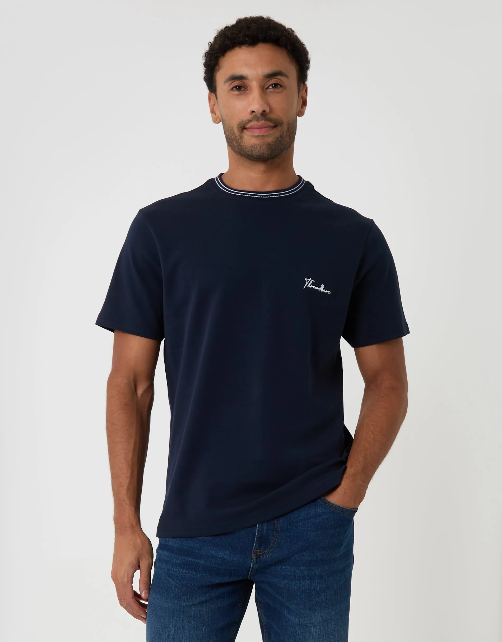 Cotton Crew Neck Script T-Shirt in Navy sold by Threadbare