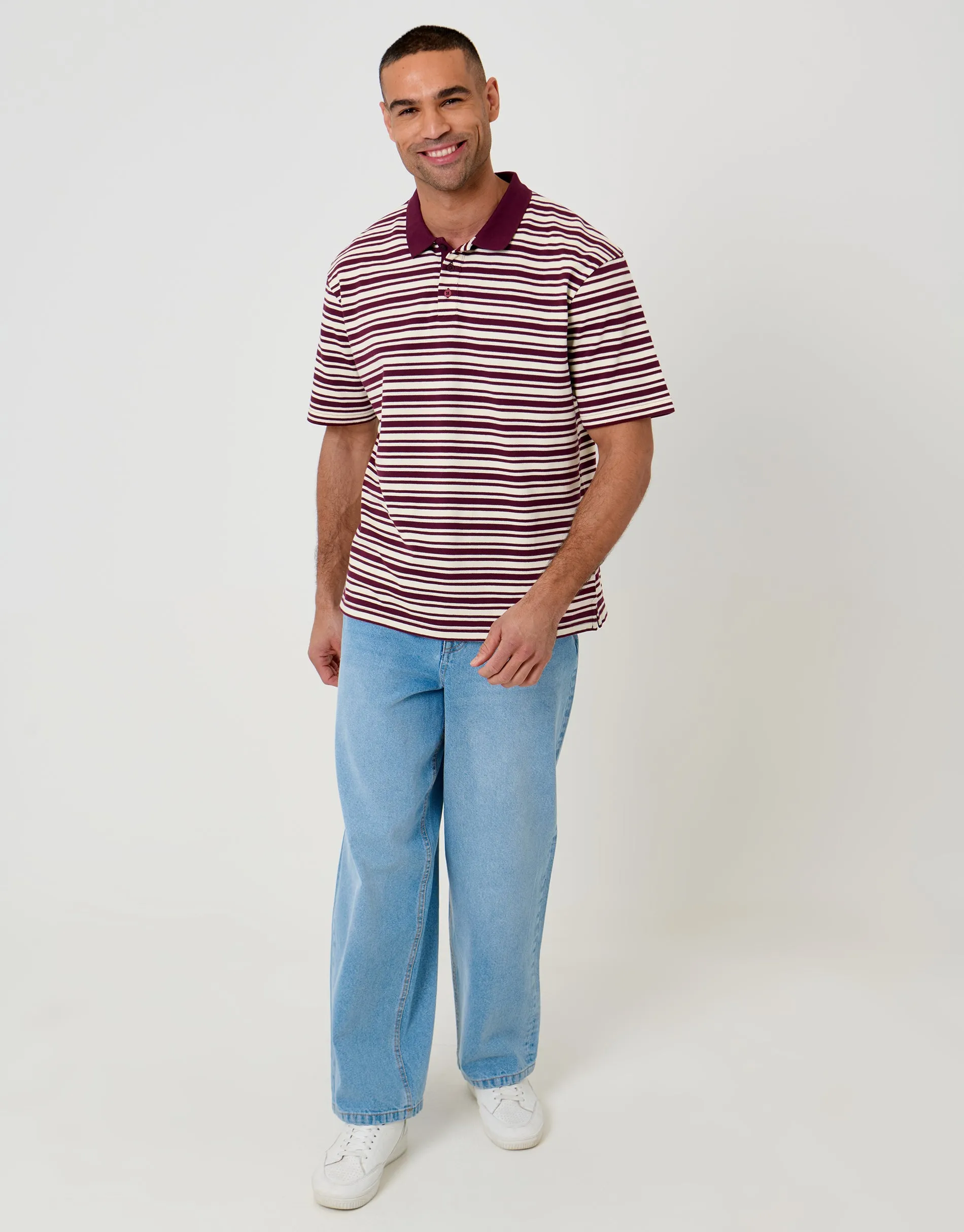 Burgundy Relaxed Fit Stripe Polo Shirt sold by Threadbare product image thumbnail 3