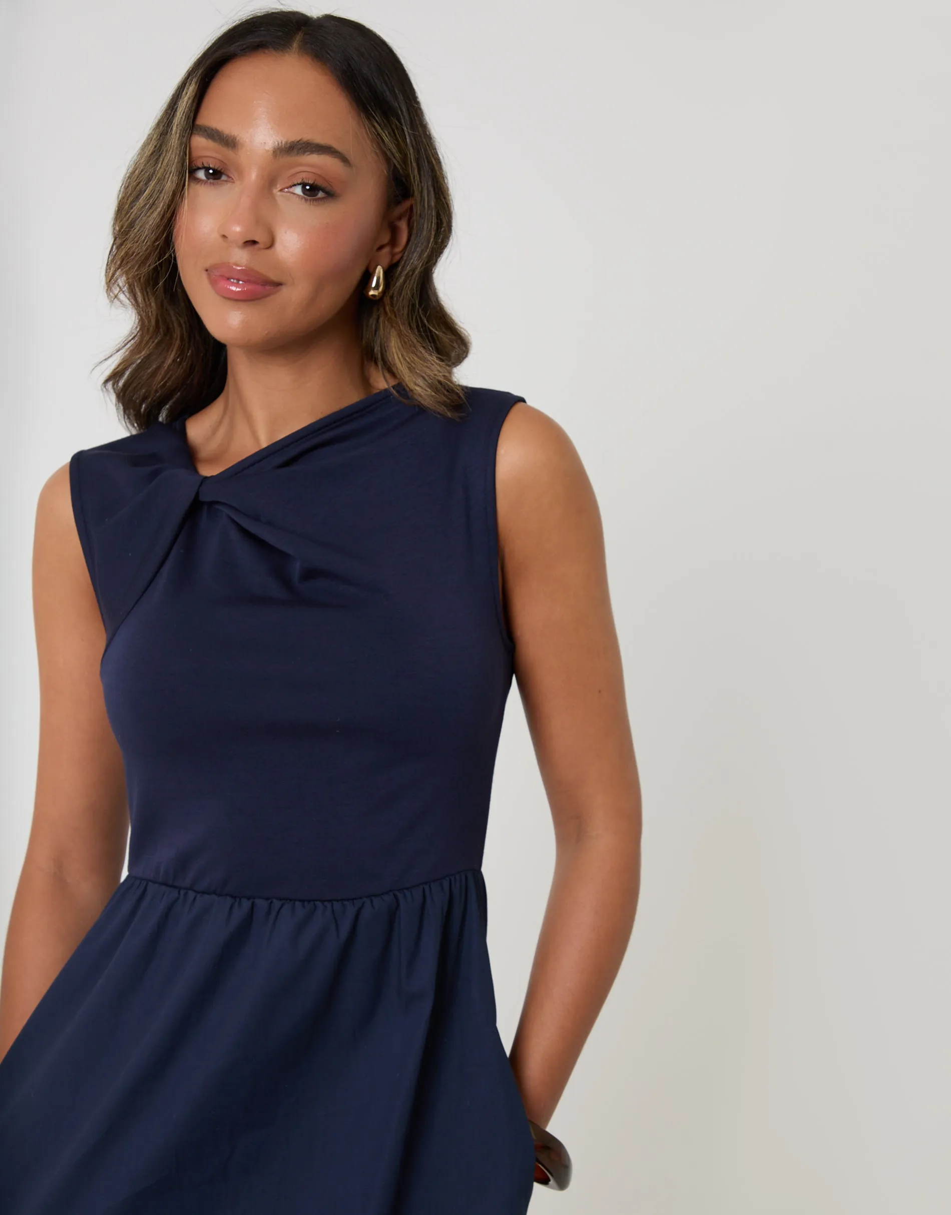 Twist Detail 2-in-1 Midi Dress with Poplin Skirt in Navy sold by Threadbare product image thumbnail 3
