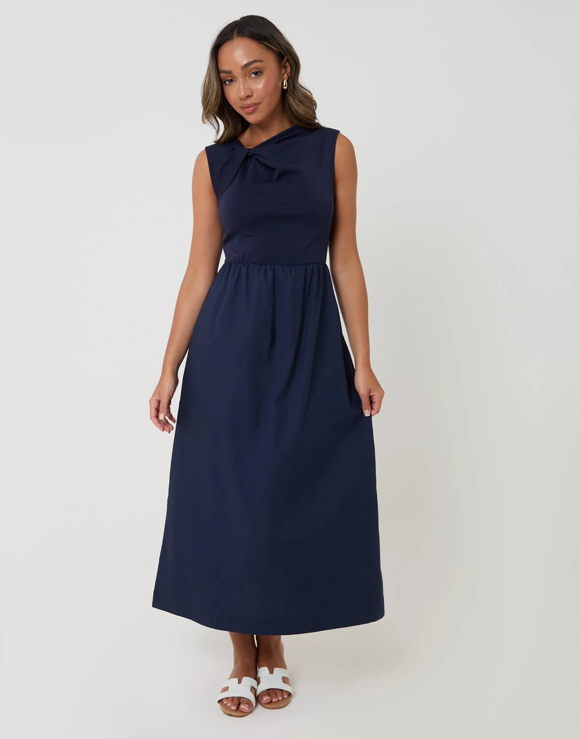 Twist Detail 2-in-1 Midi Dress with Poplin Skirt in Navy sold by Threadbare product image thumbnail 4