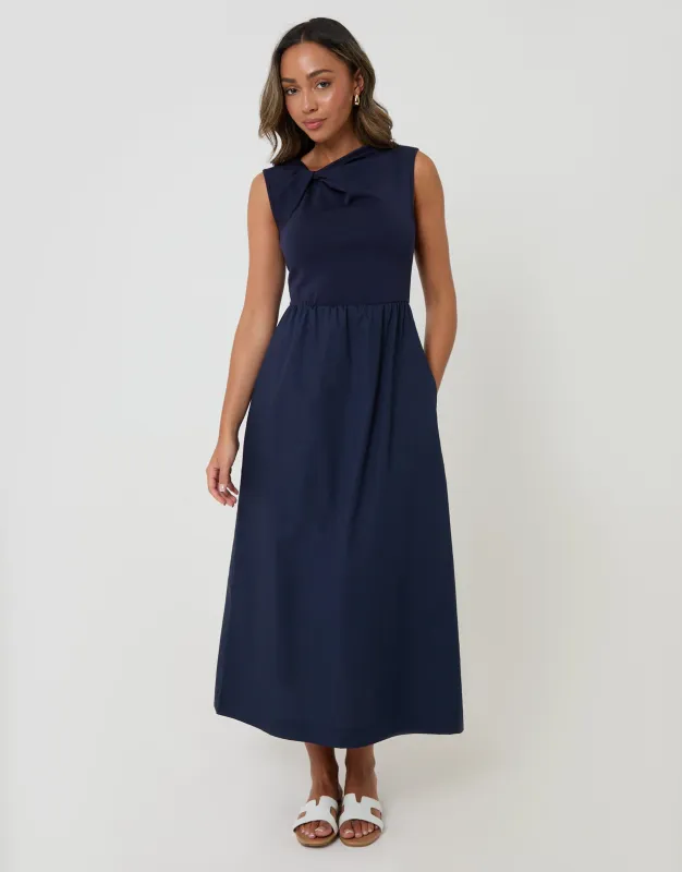 Navy Twist Detail 2-in-1 Midi Dress with Poplin Skirt made by Threadbare