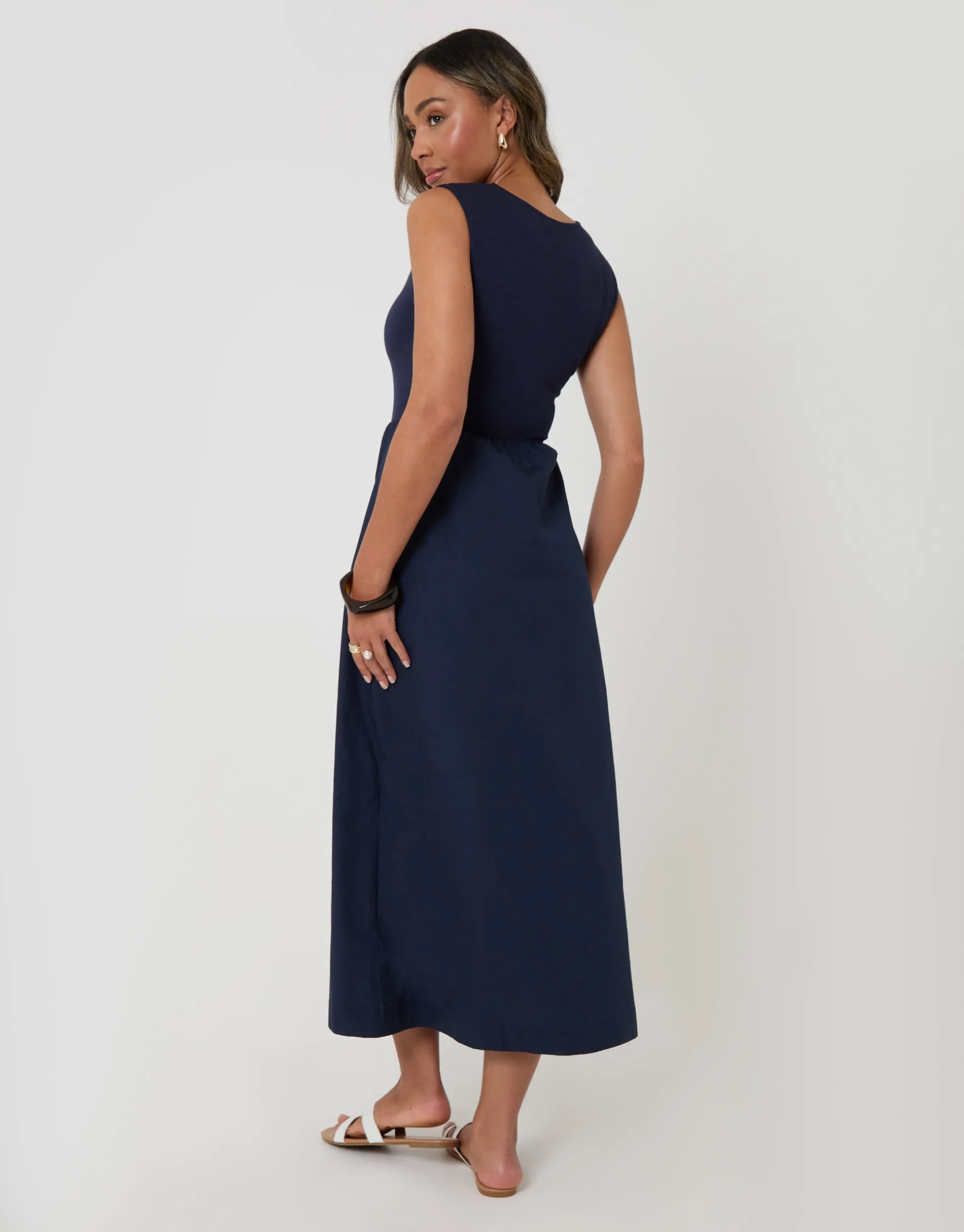 Twist Detail 2-in-1 Midi Dress with Poplin Skirt in Navy sold by Threadbare product image thumbnail 2