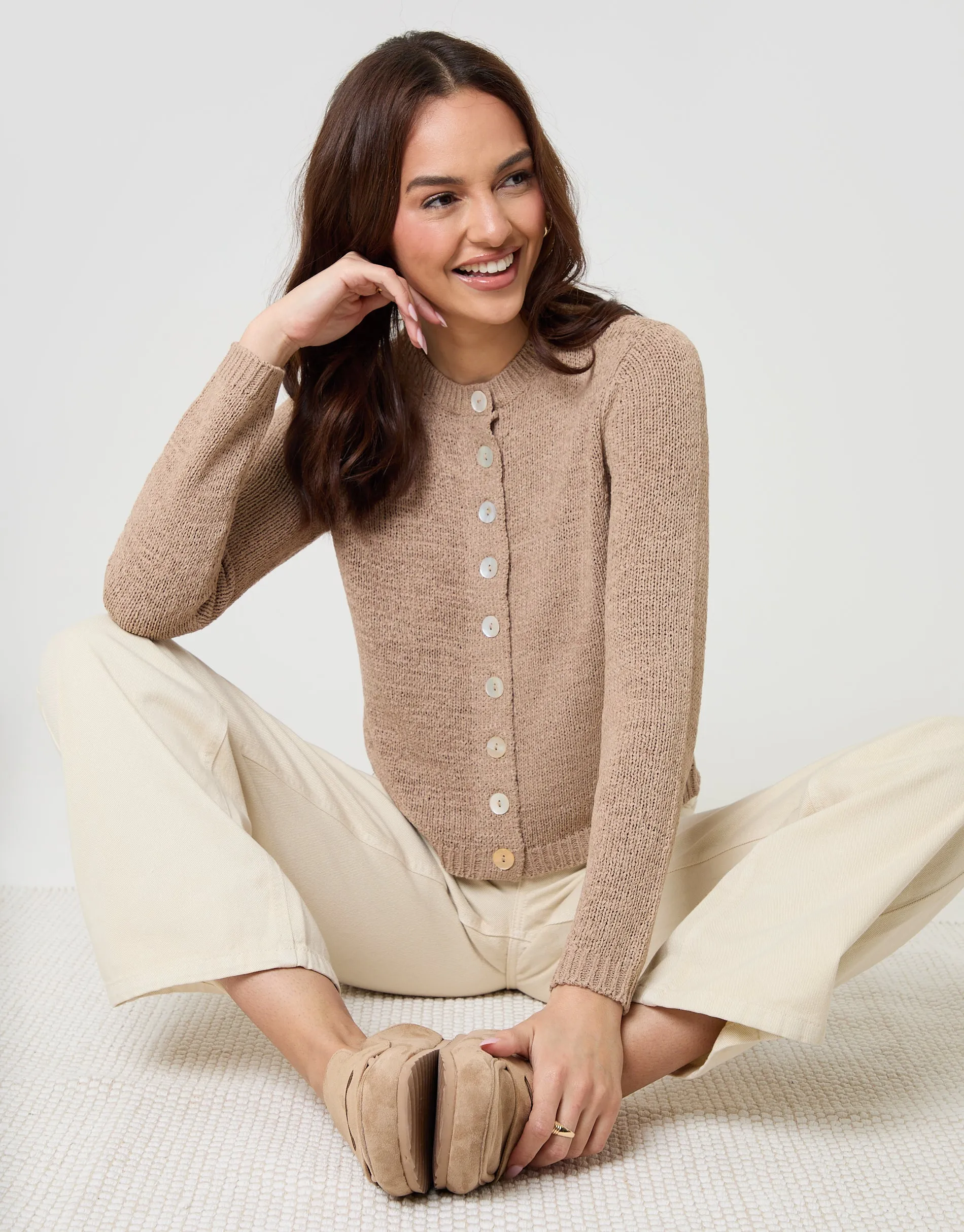 Knitted Yarn Crew Neck Cardigan in Taupe sold by Threadbare