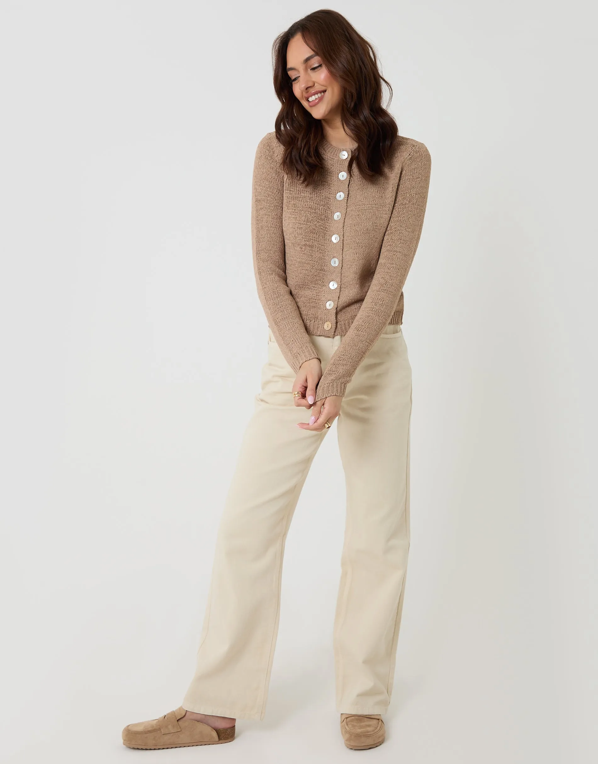 Knitted Yarn Crew Neck Cardigan in Taupe sold by Threadbare product image thumbnail 3