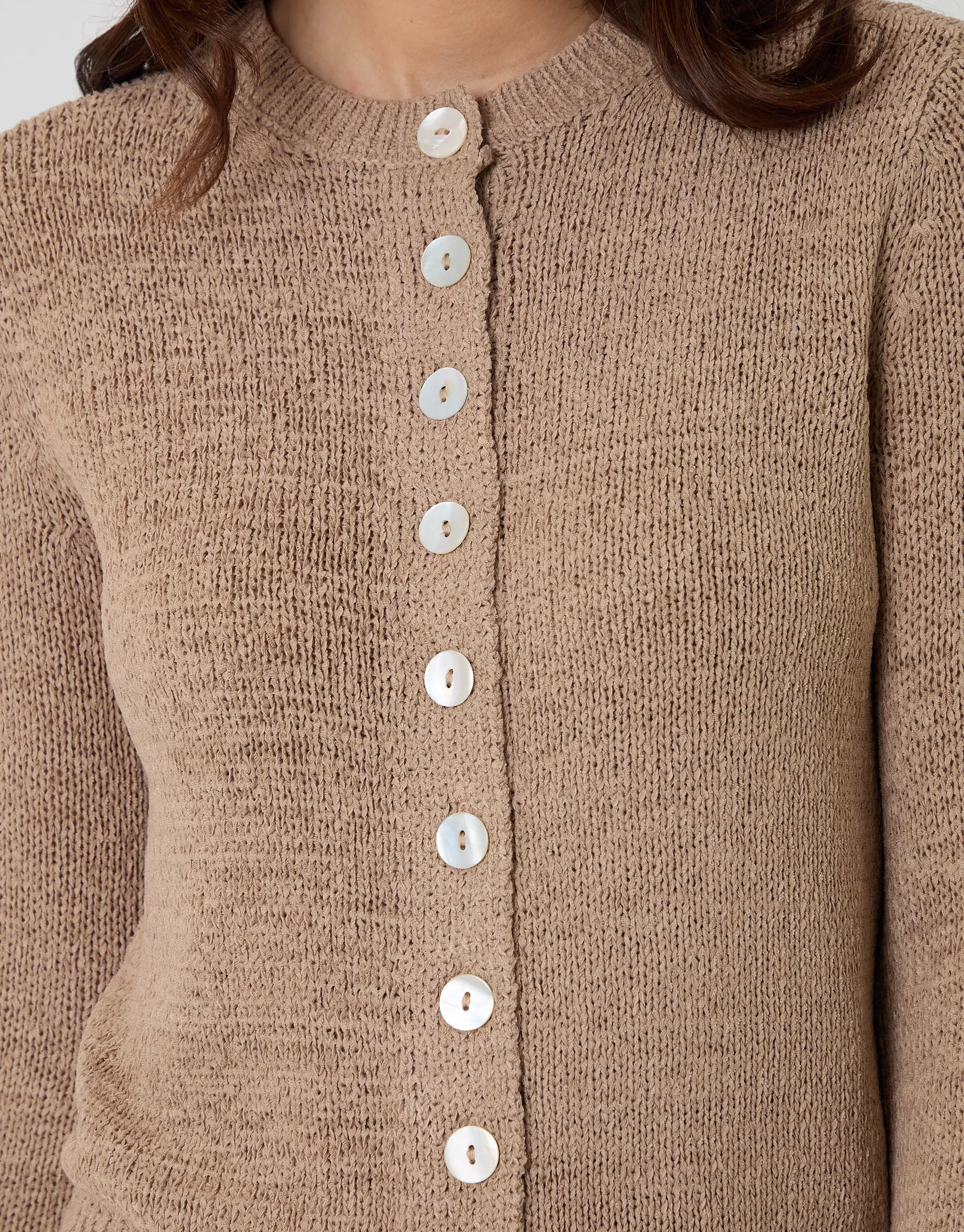 Knitted Yarn Crew Neck Cardigan in Taupe sold by Threadbare product image thumbnail 4