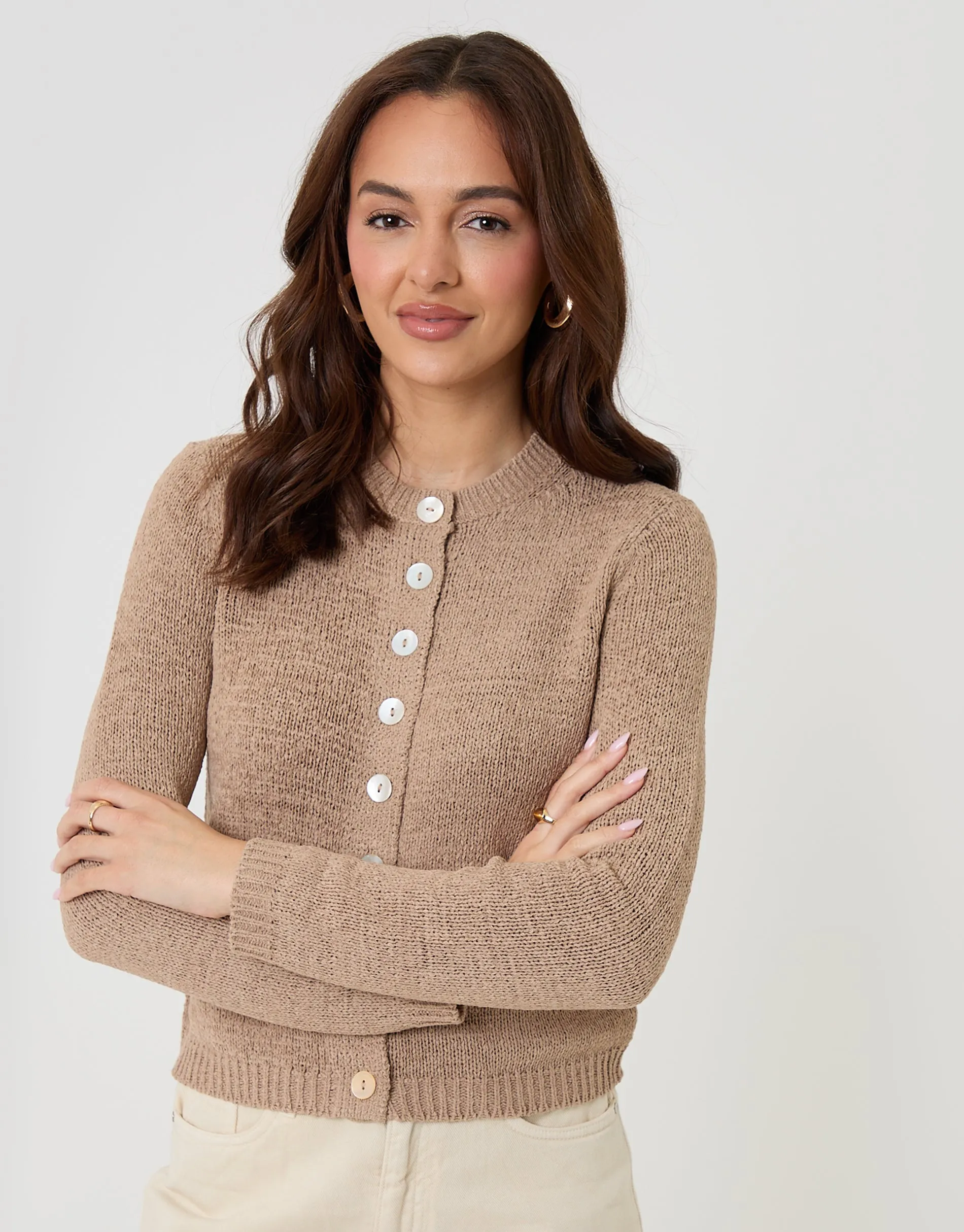 Knitted Yarn Crew Neck Cardigan in Taupe sold by Threadbare product image thumbnail 5