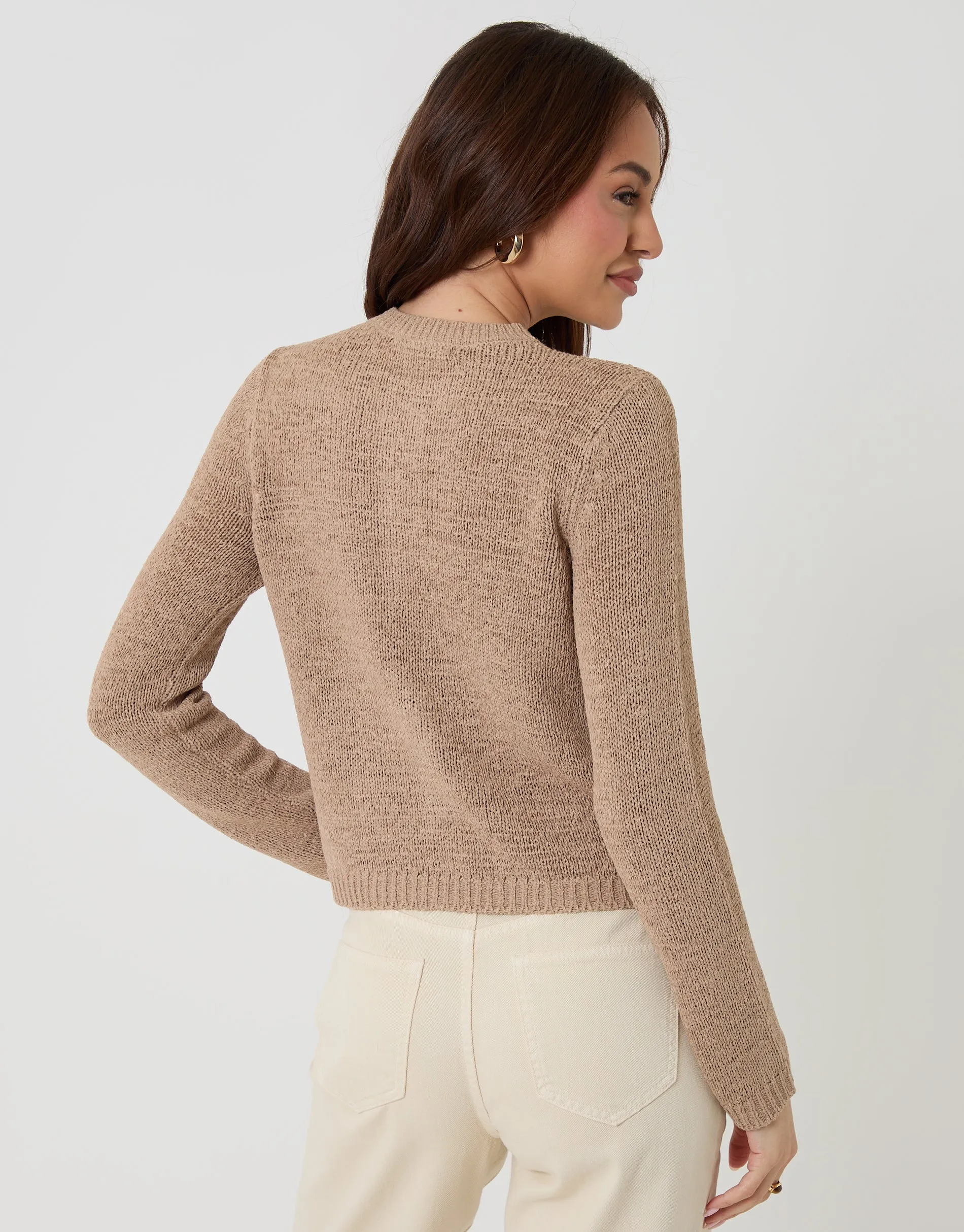 Knitted Yarn Crew Neck Cardigan in Taupe sold by Threadbare product image thumbnail 2