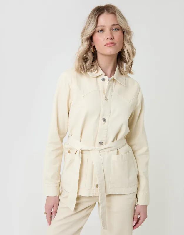 Belted Denim Jacket in Ecru made by Threadbare