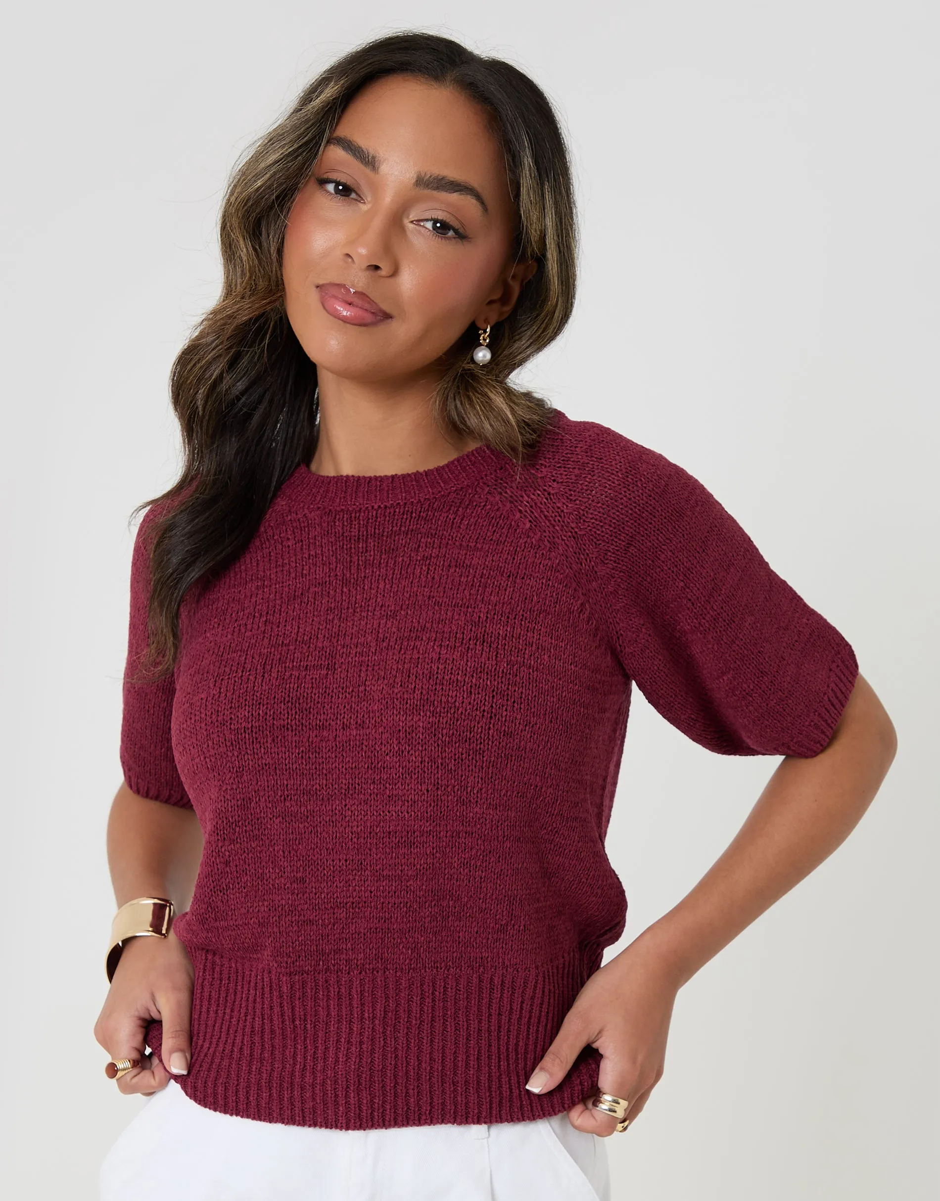 Knitted Yarn Short Sleeve T-Shirt in Burgundy sold by Threadbare product image thumbnail 4