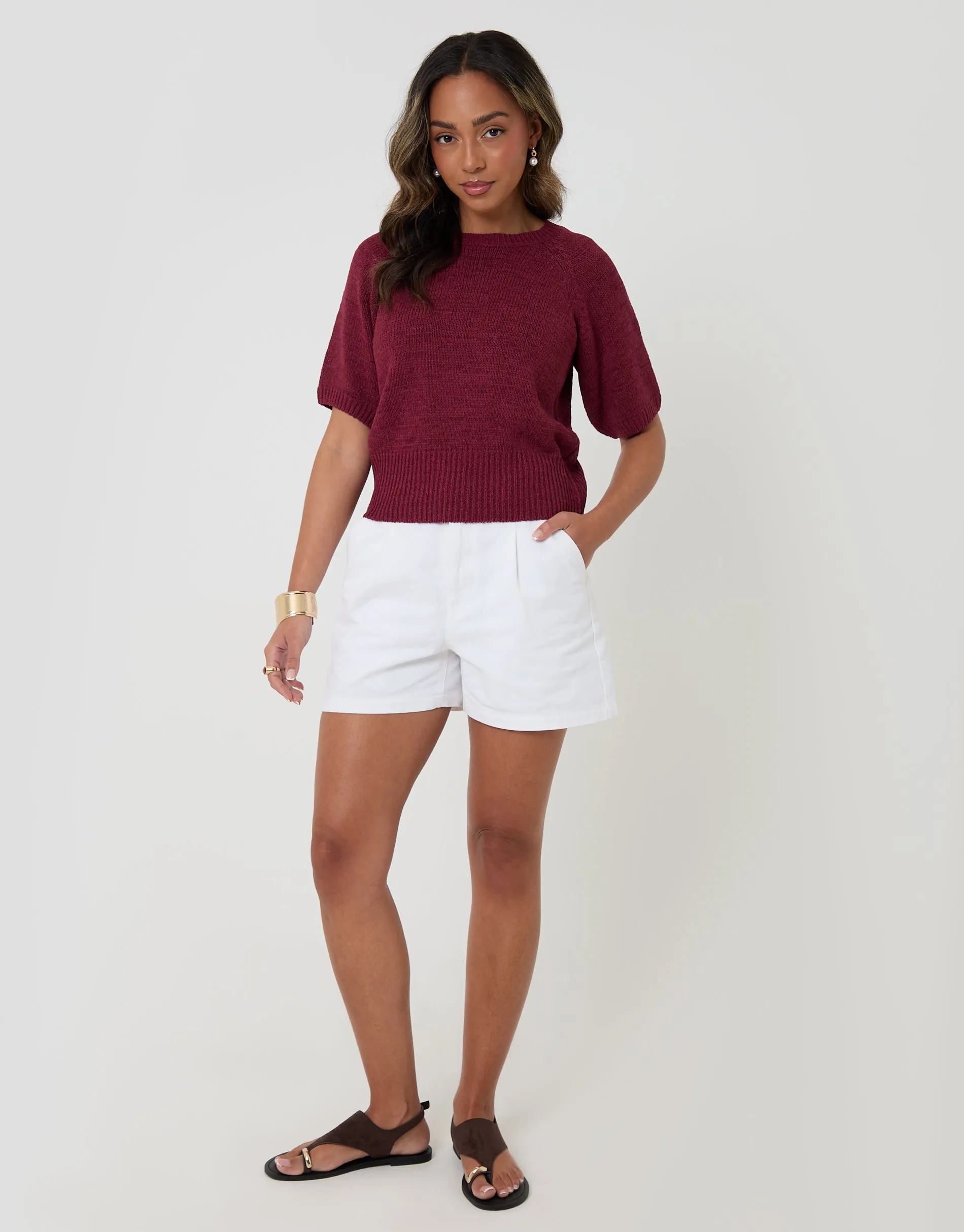 Knitted Yarn Short Sleeve T-Shirt in Burgundy sold by Threadbare product image thumbnail 3