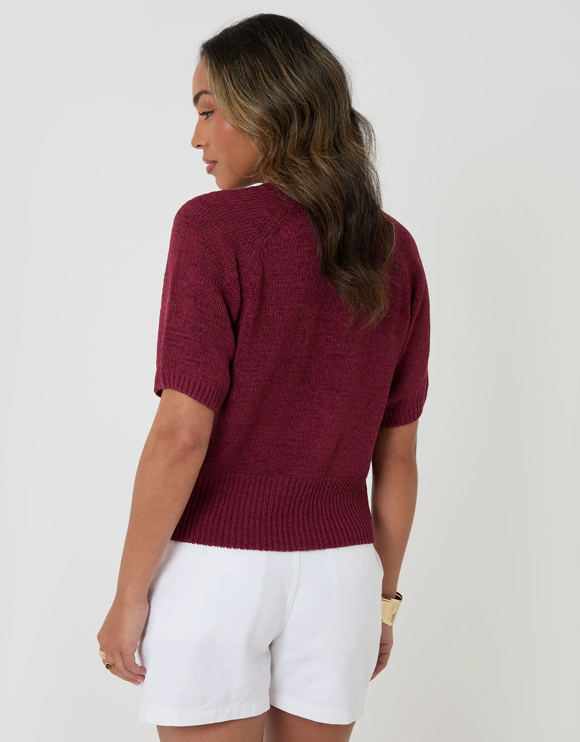 Knitted Yarn Short Sleeve T-Shirt in Burgundy sold by Threadbare product image thumbnail 2