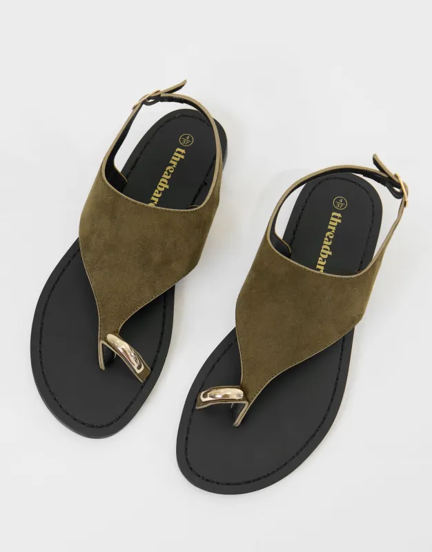 T-Strap Toe Loop Sandals in Olive Green made by Threadbare
