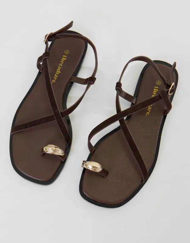 Chocolate Brown Cross Strap Toe Loop Sandals made by Threadbare