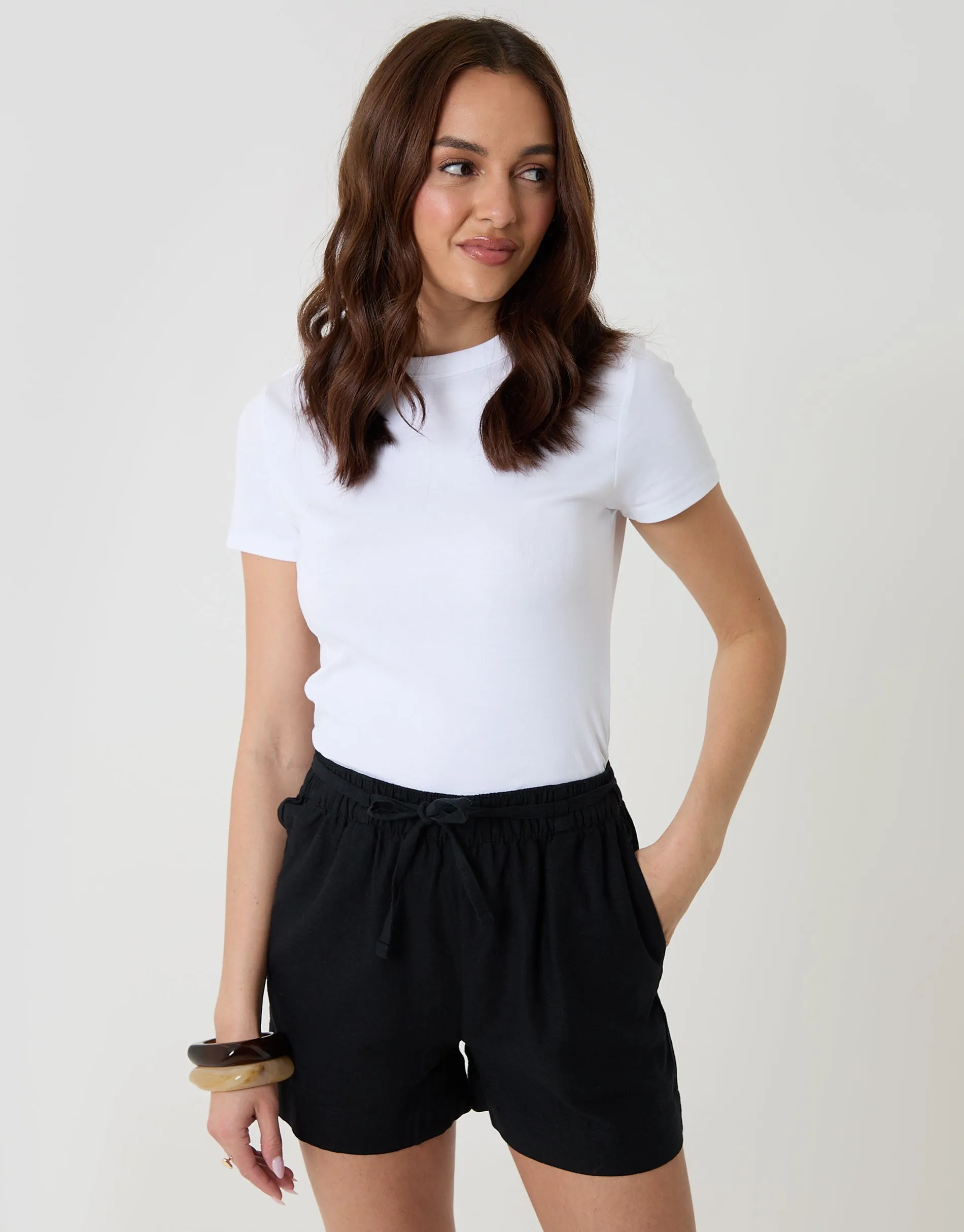 2 Pack Linen Blend Tie Waist Shorts in Black & White sold by Threadbare product image thumbnail 2