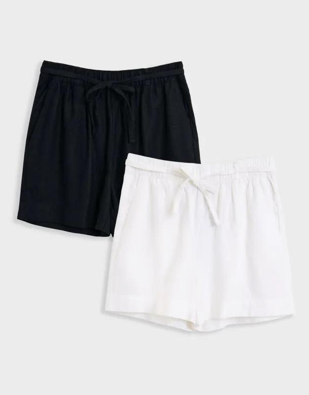 2 Pack Linen Blend Tie Waist Shorts in Black & White made by Threadbare