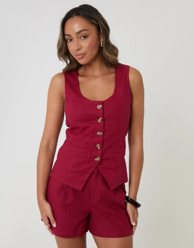 Linen Blend Scoop Neck Waistcoat in Red made by Threadbare