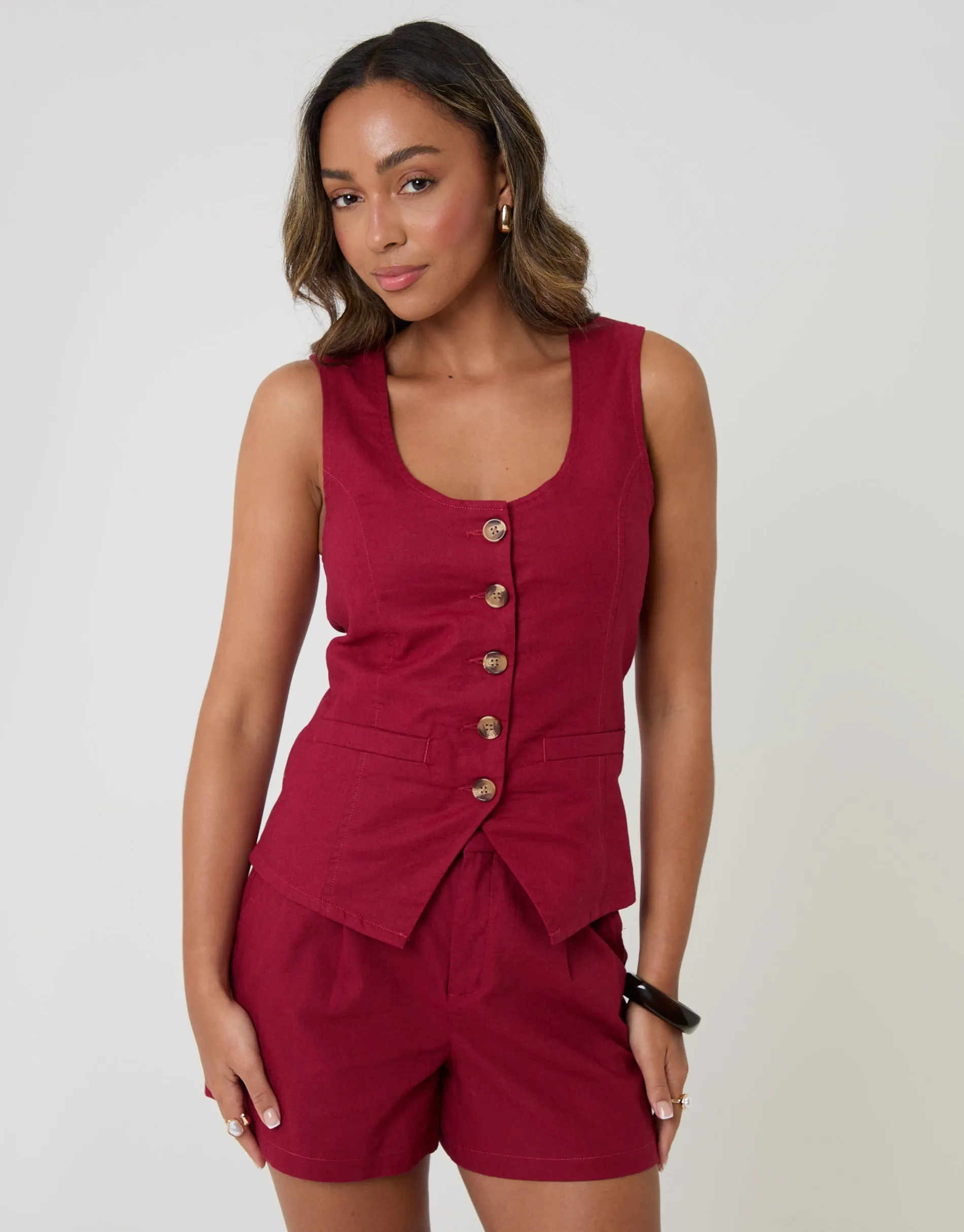 Linen Blend Scoop Neck Waistcoat in Red sold by Threadbare