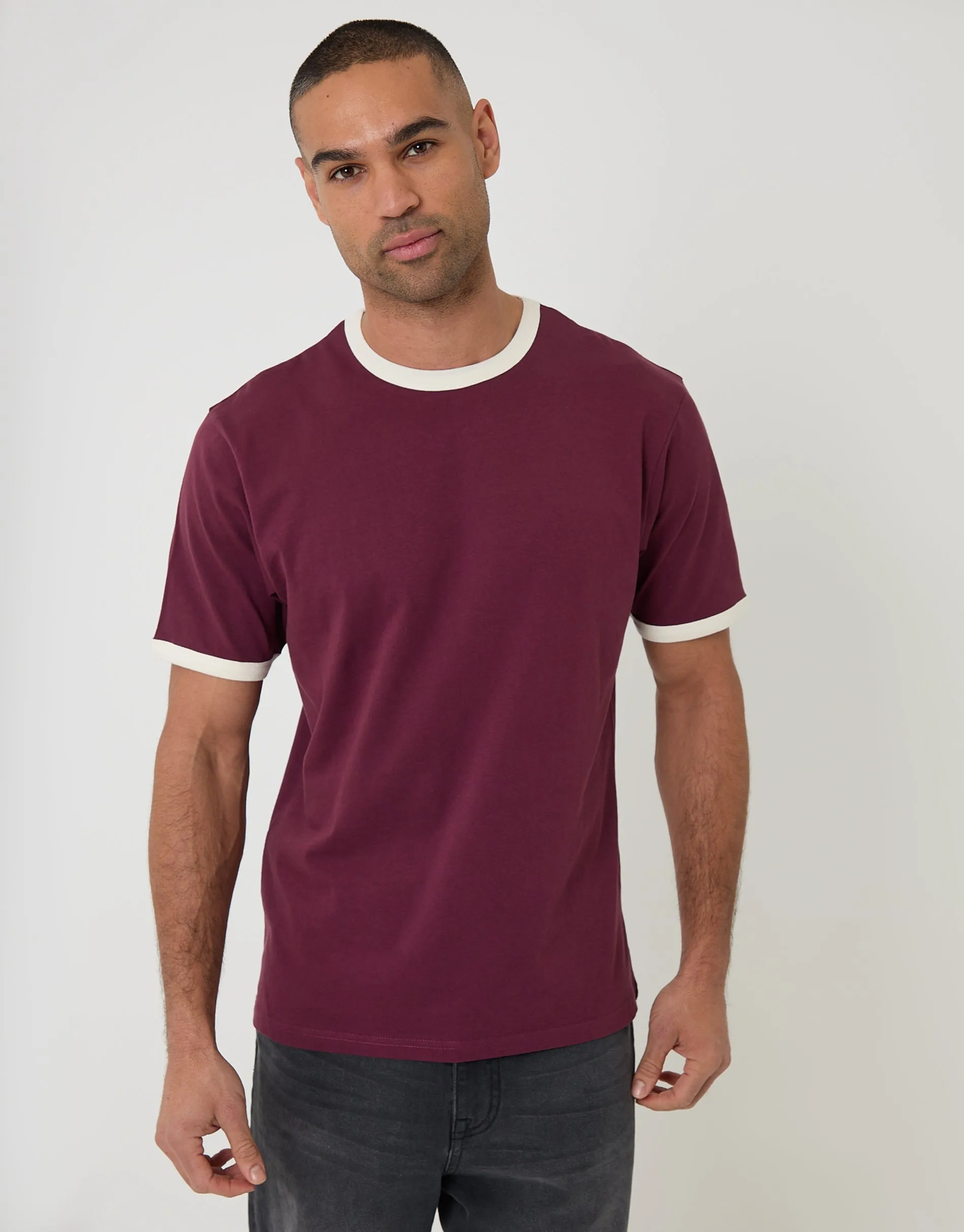 Cotton Ringer T-Shirt in Burgundy sold by Threadbare