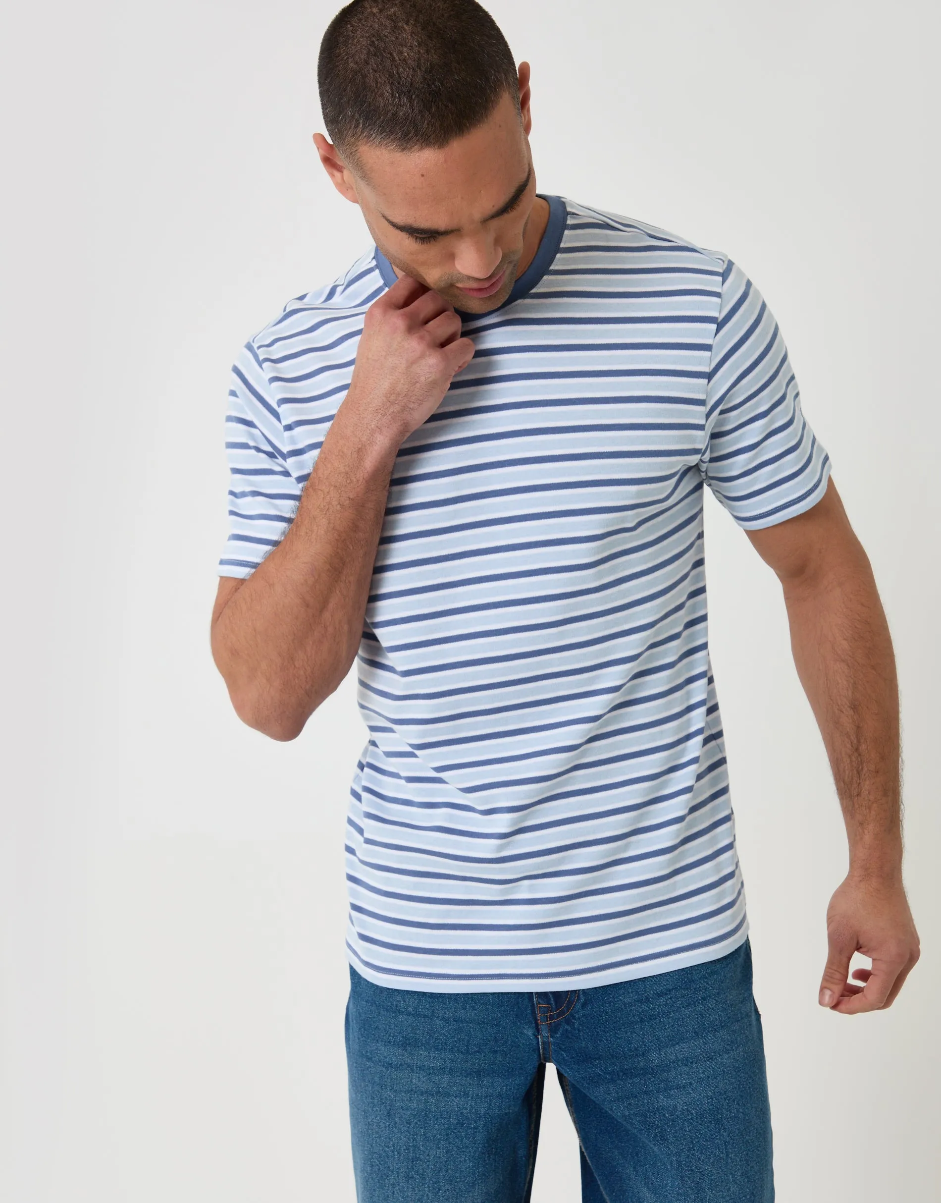 Blue Stripe Cotton Crew Neck T-Shirt sold by Threadbare product image thumbnail 2
