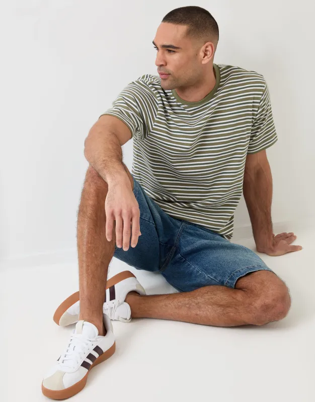 Cotton Crew Neck T-Shirt in Sage Green Stripe made by Threadbare