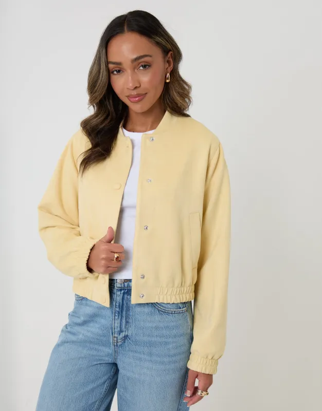 Faux Suede Bomber Jacket in Yellow made by Threadbare